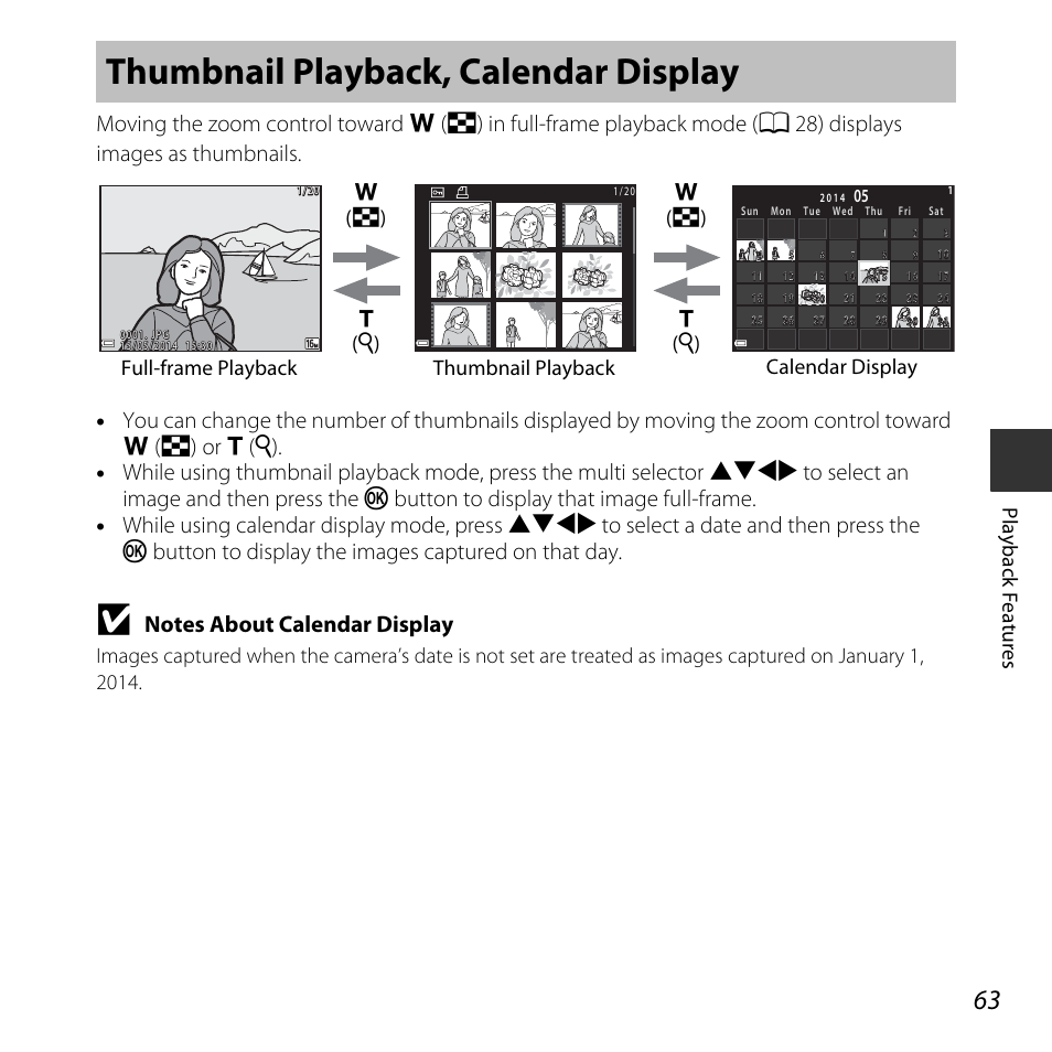 Thumbnail playback, calendar display, Play ba ck fe at u res | Nikon L830 User Manual | Page 83 / 204