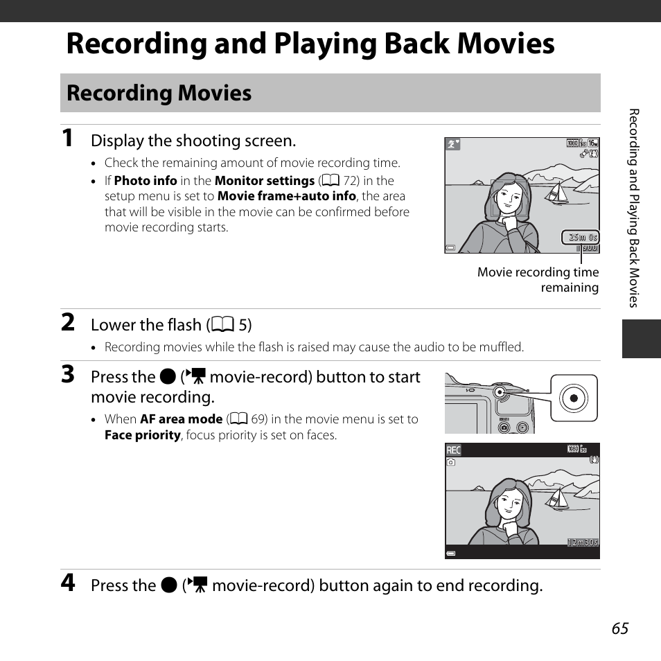 Recording and playing back movies, Recording movies | Nikon L830 User Manual | Page 85 / 204