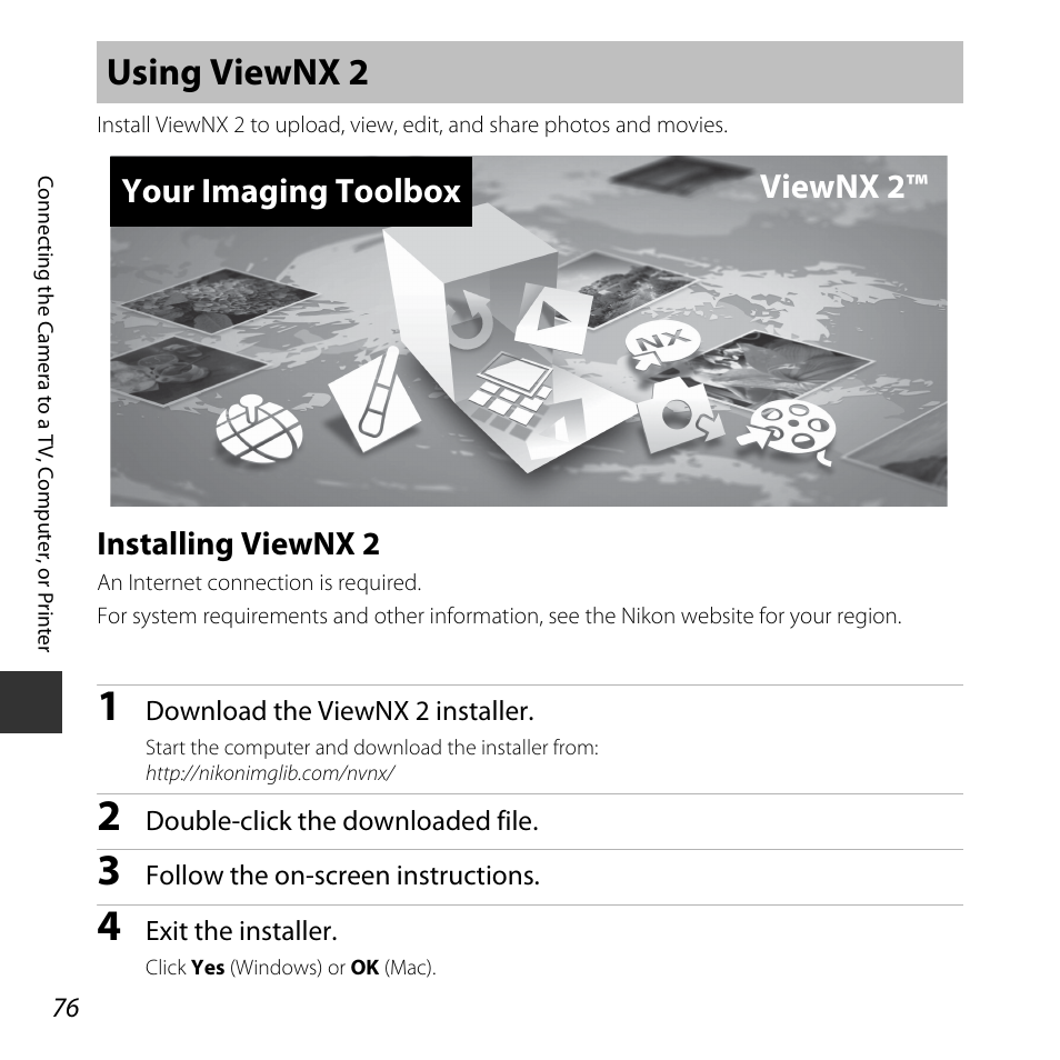 Using viewnx 2, Installing viewnx 2, A 76) | A 76, Your imaging toolbox viewnx 2 | Nikon L830 User Manual | Page 96 / 204