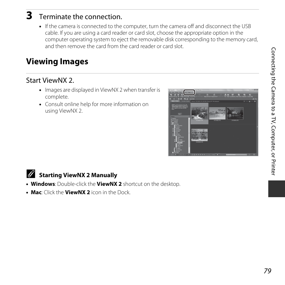 Viewing images, Terminate the connection, Start viewnx 2 | Nikon L830 User Manual | Page 99 / 204