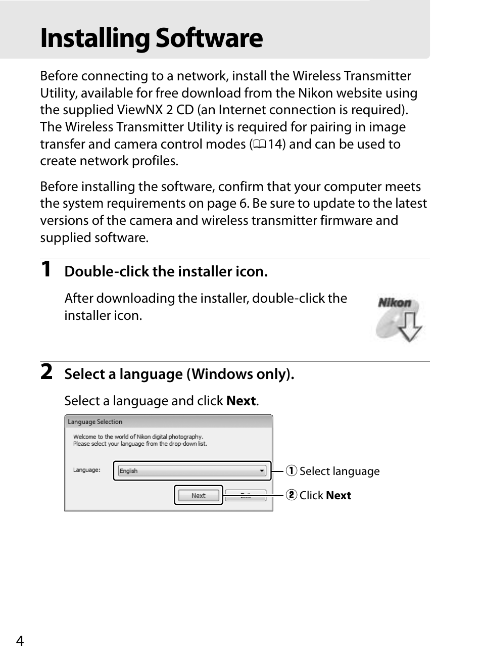 Installing software | Nikon D4 User Manual | Page 14 / 100