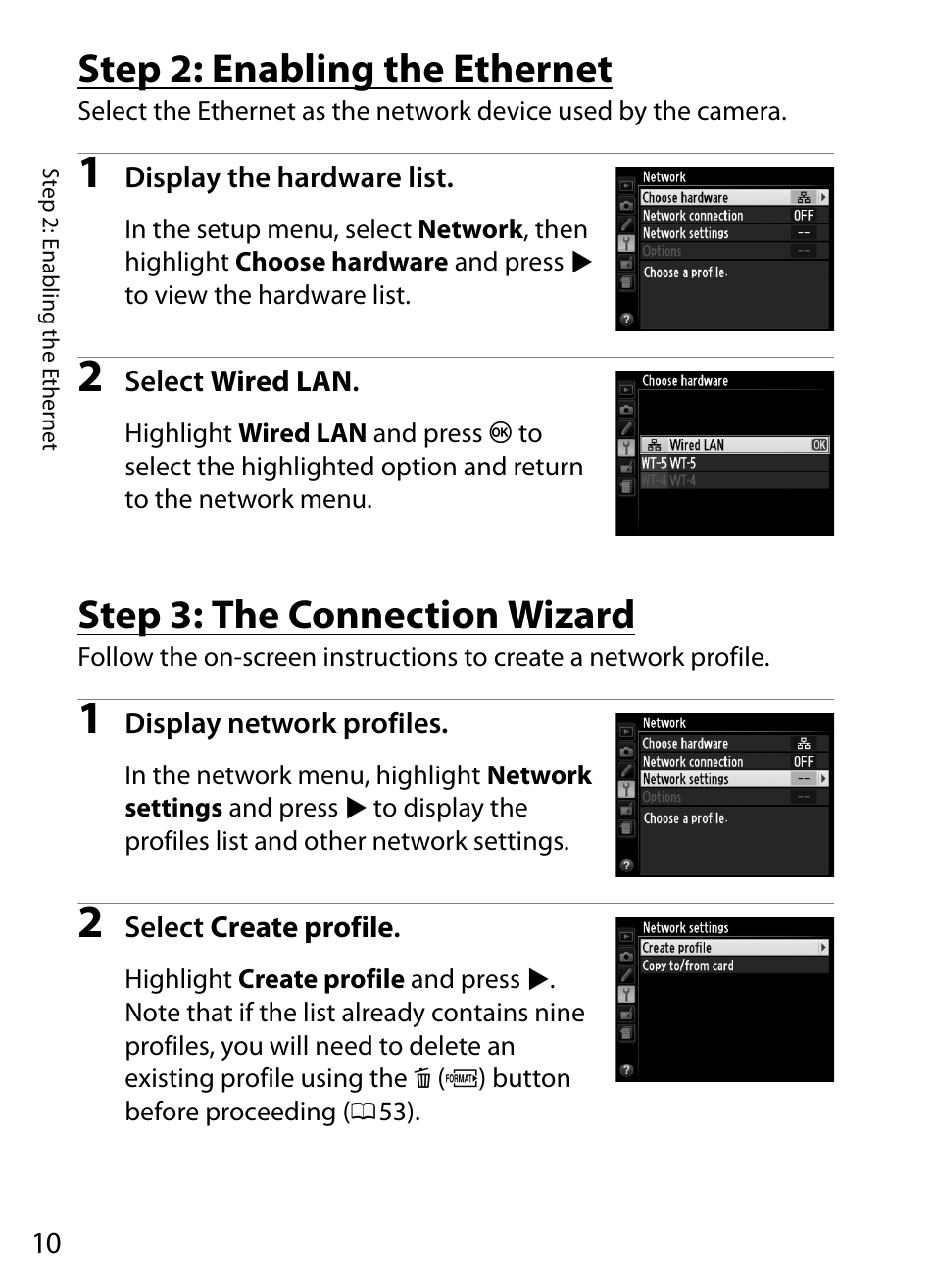 Step 2: enabling the ethernet, Step 3: the connection wizard | Nikon D4 User Manual | Page 20 / 100