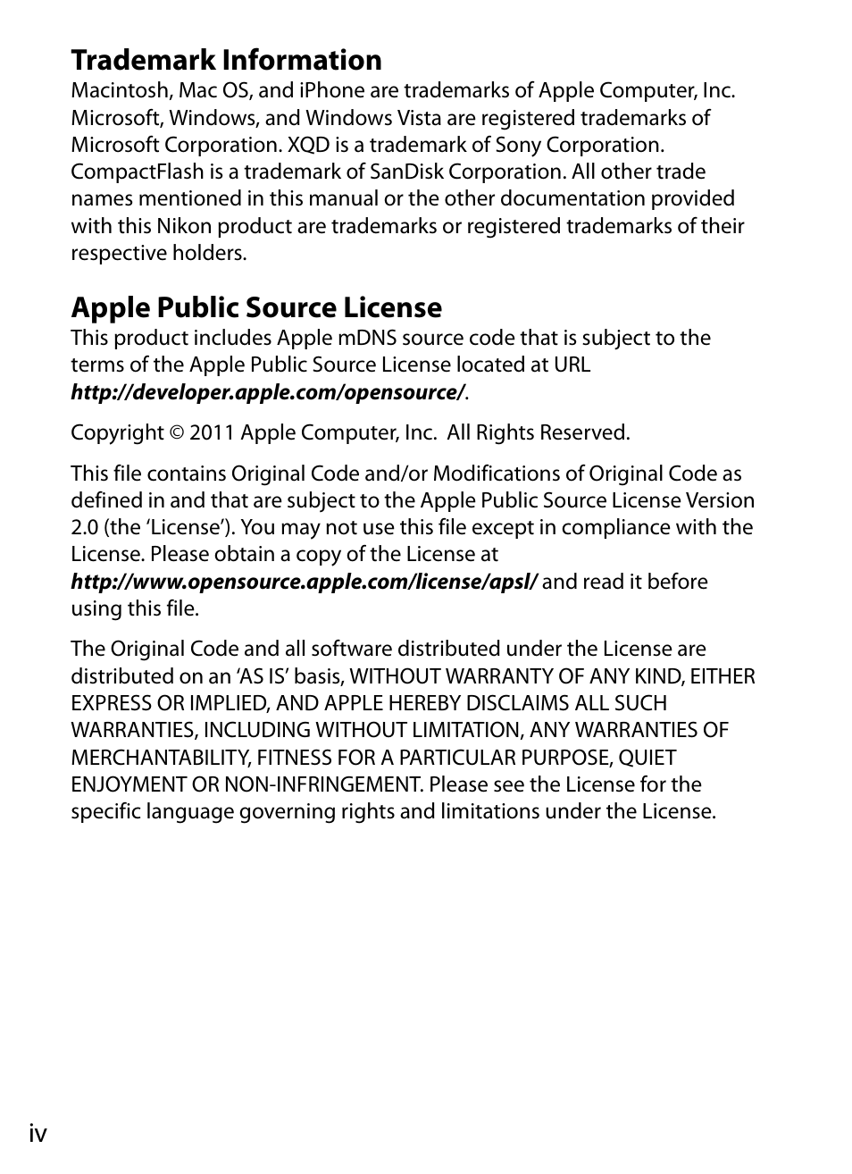 Trademark information, Apple public source license | Nikon D4 User Manual | Page 4 / 100