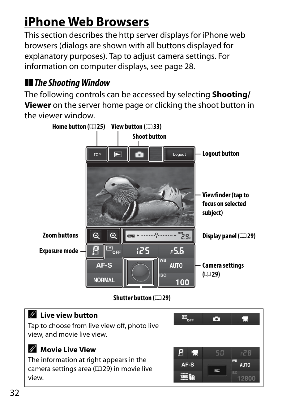 Iphone web browsers, The shooting window | Nikon D4 User Manual | Page 42 / 100