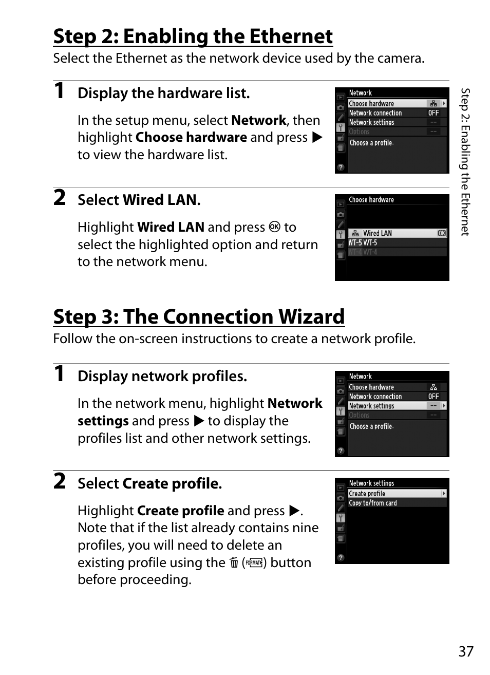 Step 2: enabling the ethernet, Step 3: the connection wizard | Nikon D4 User Manual | Page 47 / 100