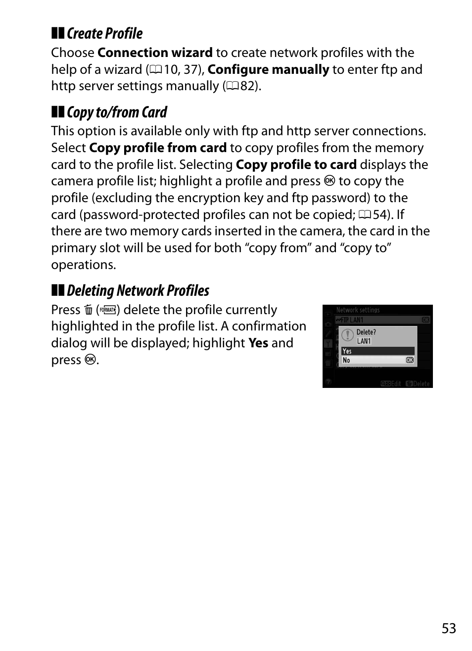 053). t, Create profile, Copy to/from card | Deleting network profiles | Nikon D4 User Manual | Page 63 / 100