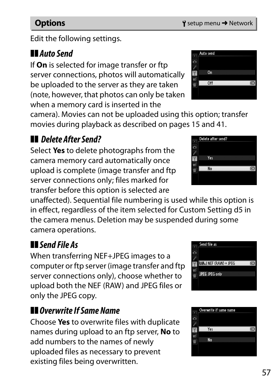 Auto send, Delete after send, Send file as | Overwrite if same name | Nikon D4 User Manual | Page 67 / 100