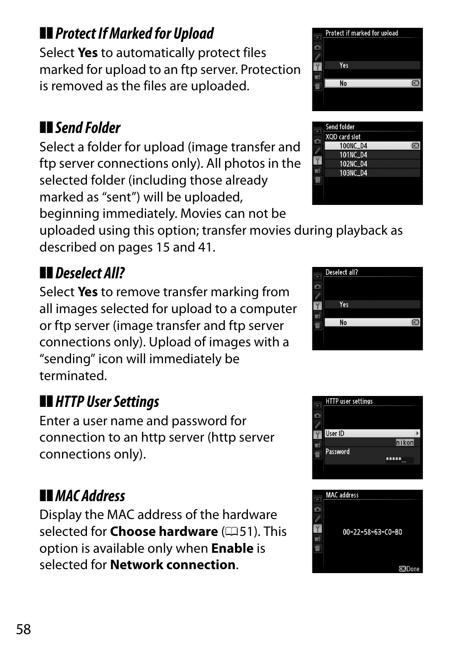 Protect if marked for upload, Send folder, Deselect all | Mac address | Nikon D4 User Manual | Page 68 / 100