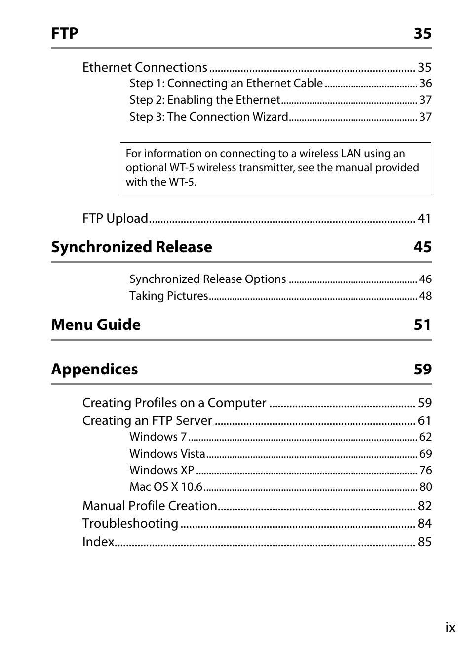 Ftp 35, Synchronized release 45, Menu guide 51 appendices 59 | Nikon D4 User Manual | Page 9 / 100