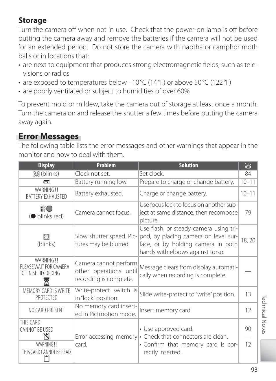 Error messages, Storage | Nikon S6 User Manual | Page 103 / 119