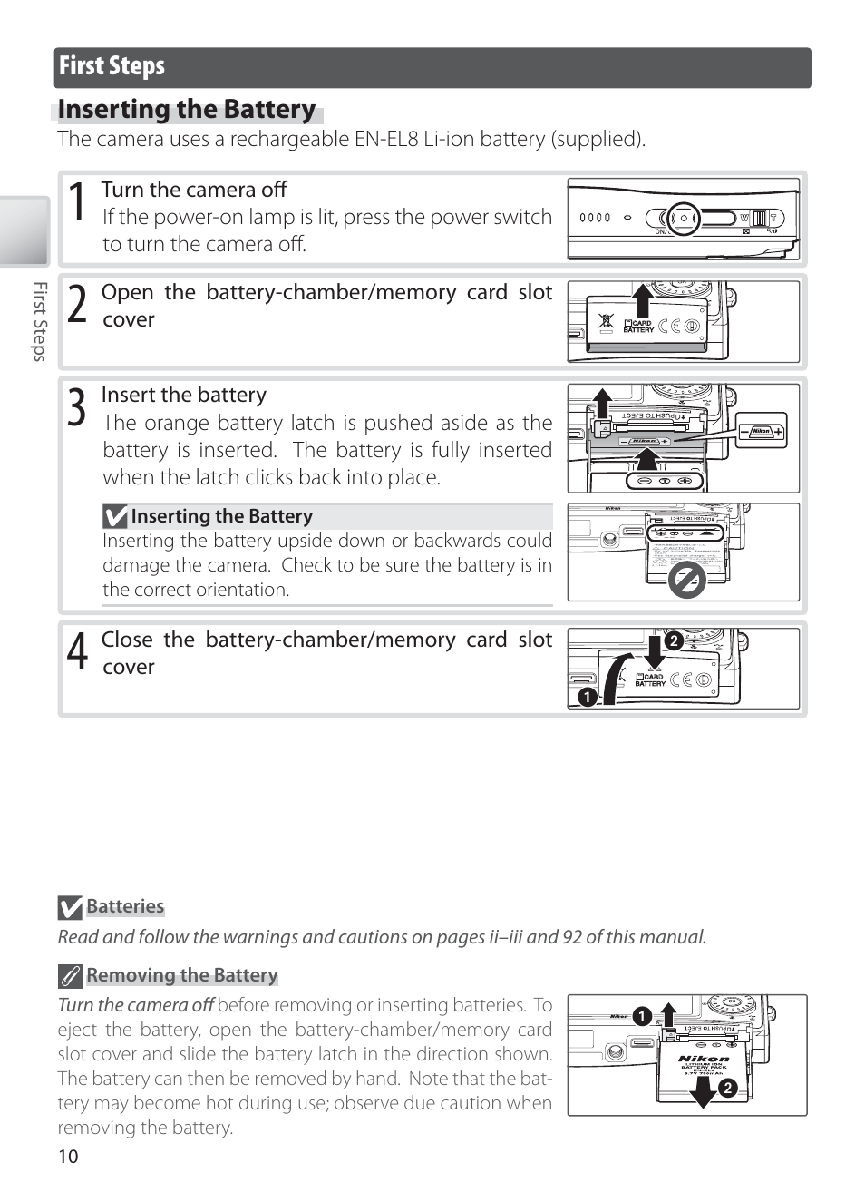 First steps, Inserting the battery | Nikon S6 User Manual | Page 20 / 119