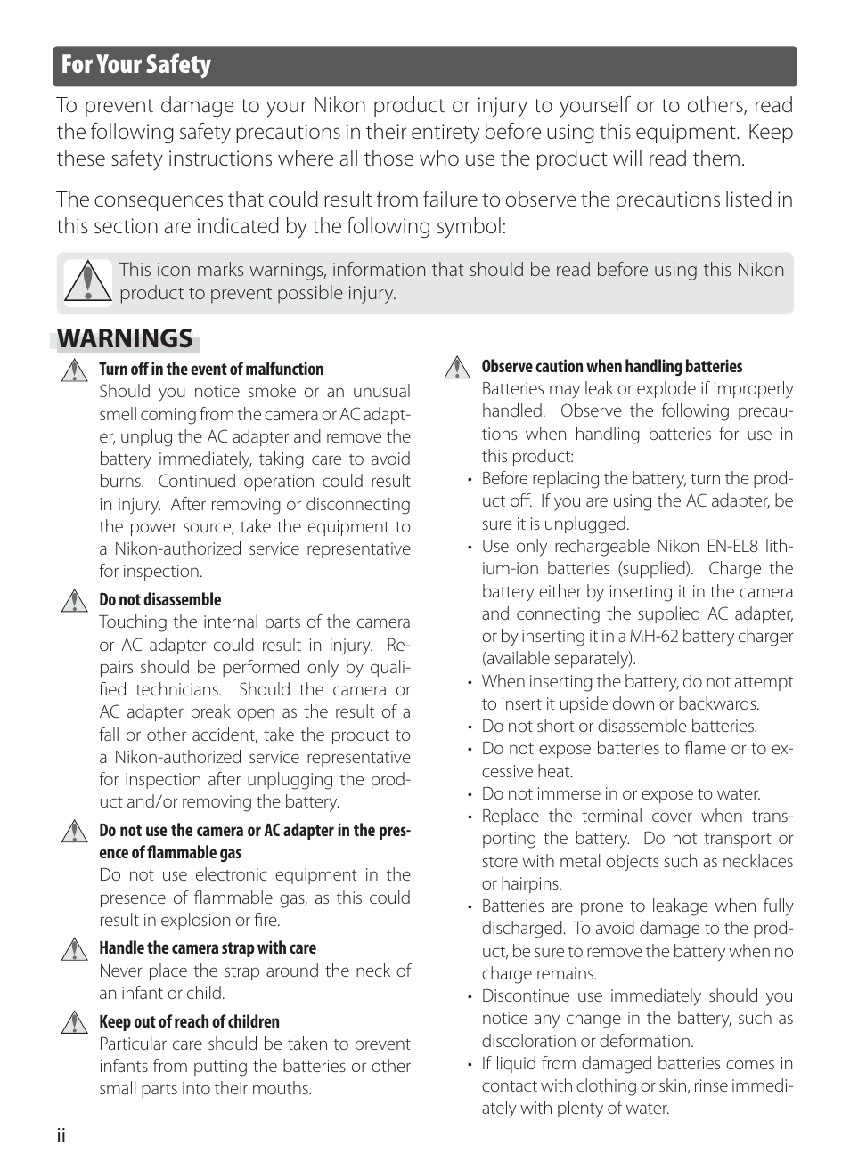 For your safety, Warnings | Nikon S6 User Manual | Page 4 / 119