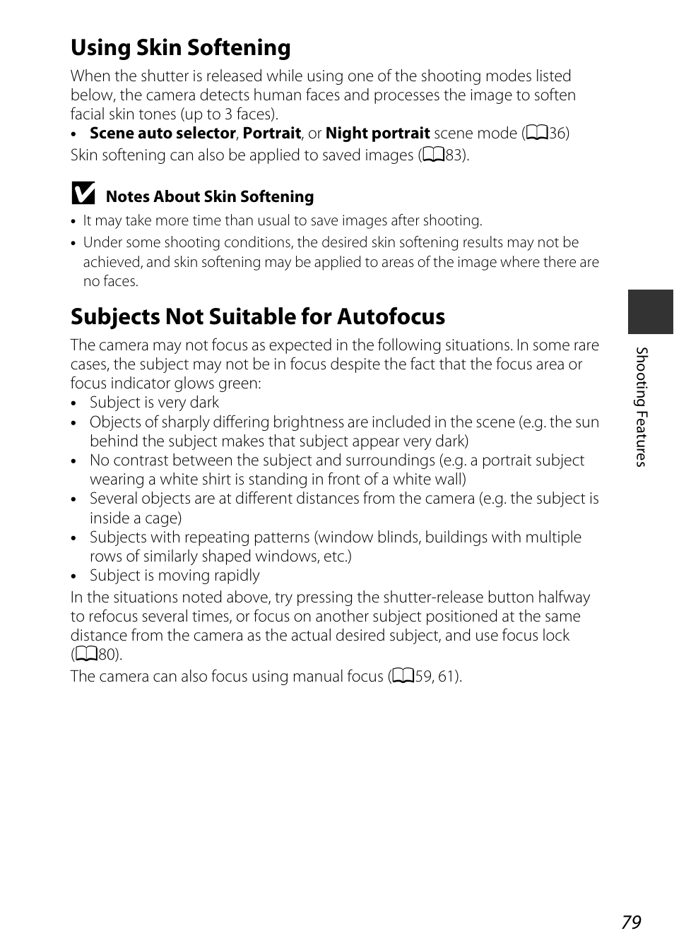 Using skin softening, Subjects not suitable for autofocus | Nikon P340 User Manual | Page 101 / 240