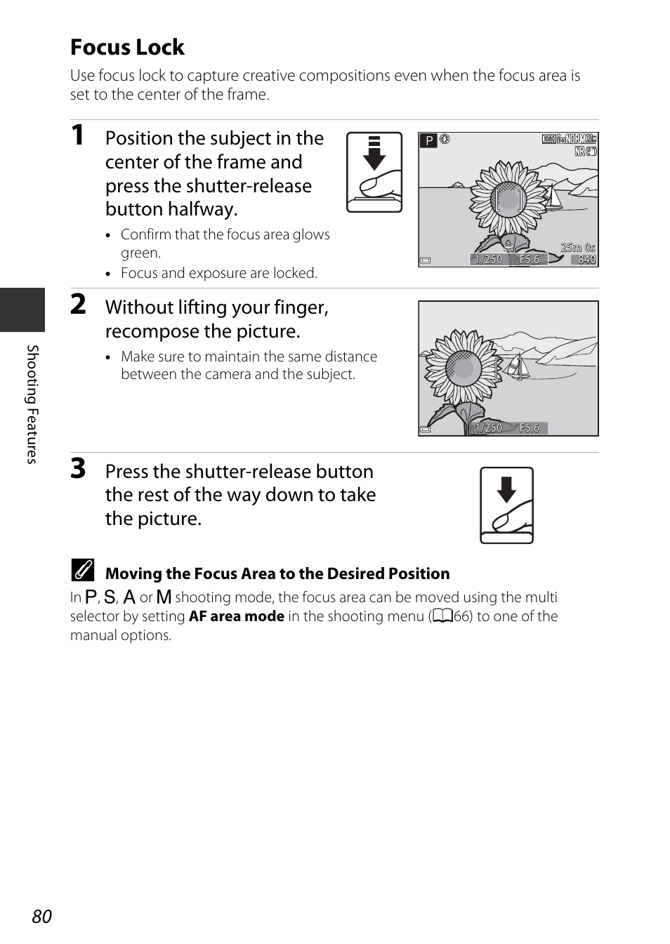 Focus lock, A80), Without lifting your finger, recompose the picture | Nikon P340 User Manual | Page 102 / 240