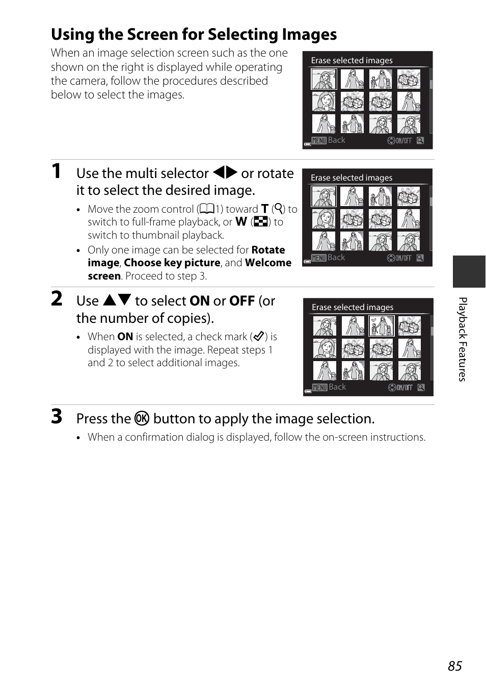 Using the screen for selecting images, Press the k button to apply the image selection | Nikon P340 User Manual | Page 107 / 240