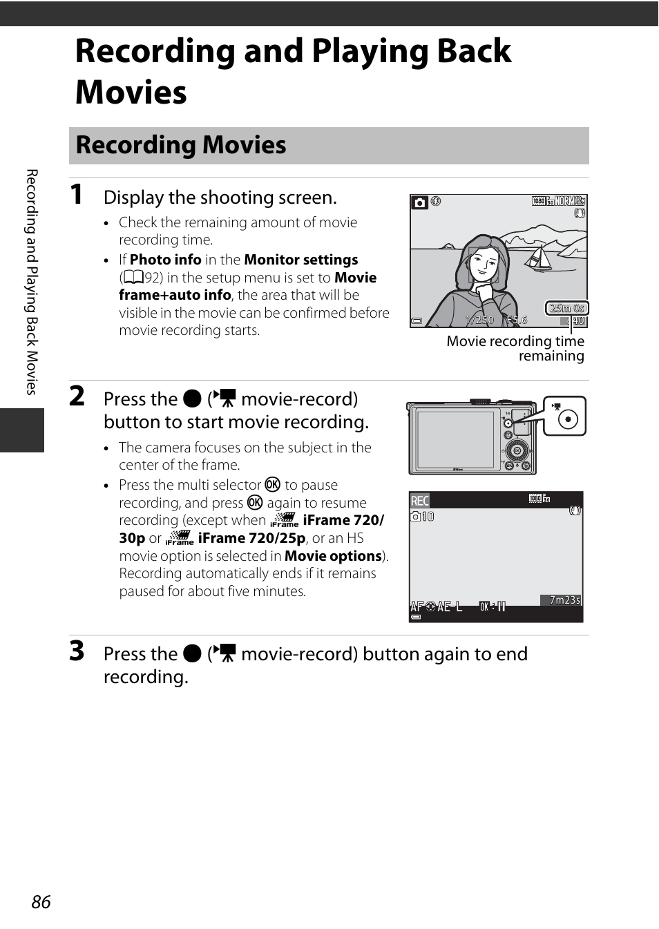 Recording and playing back movies, Recording movies, Display the shooting screen | Nikon P340 User Manual | Page 108 / 240