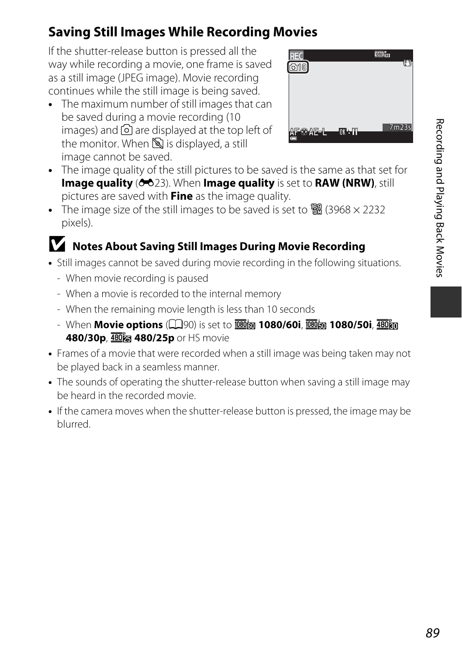 Saving still images while recording movies | Nikon P340 User Manual | Page 111 / 240