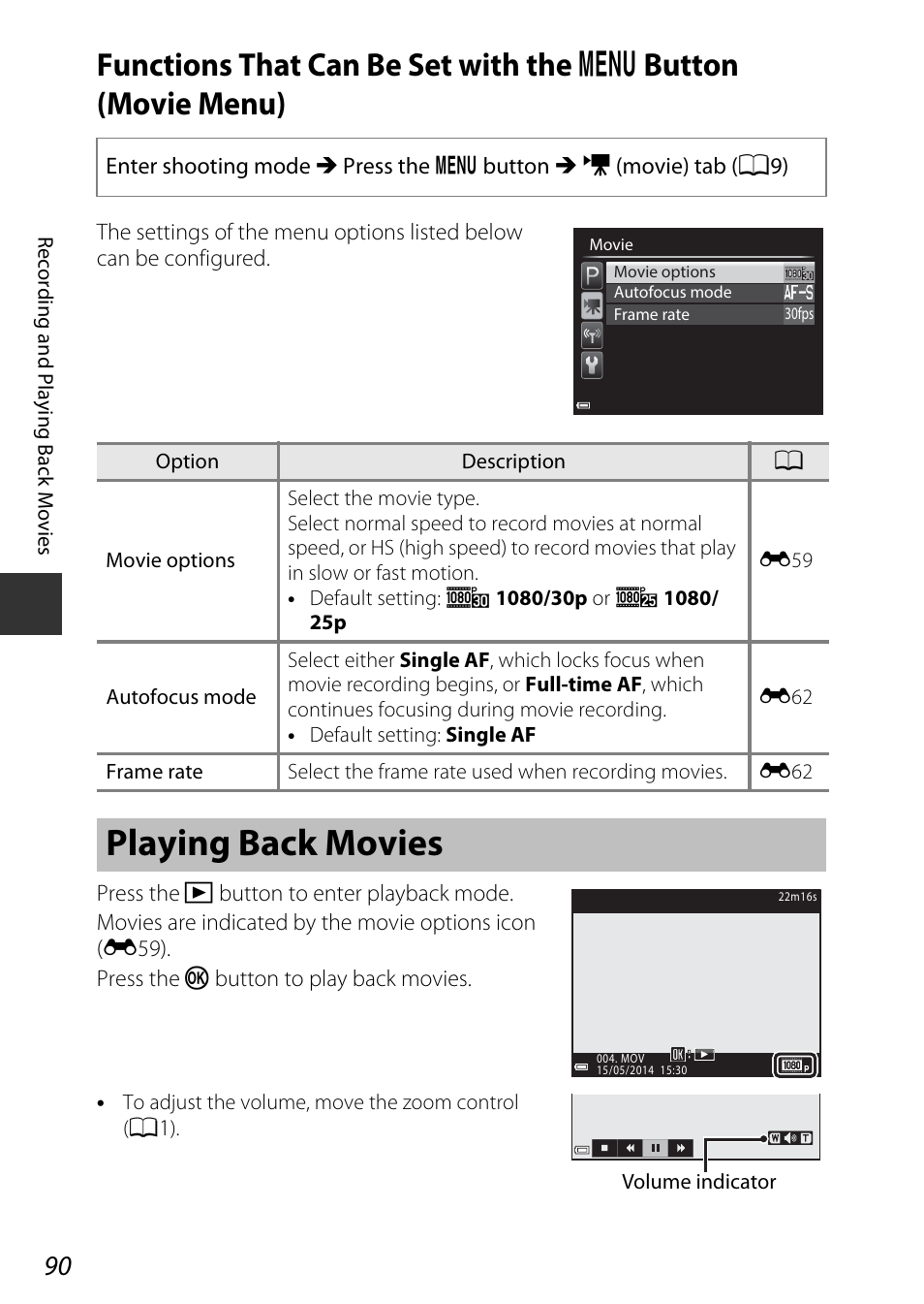 Playing back movies, Functions that can be set with the, D button (movie menu) | A90), A90) se | Nikon P340 User Manual | Page 112 / 240