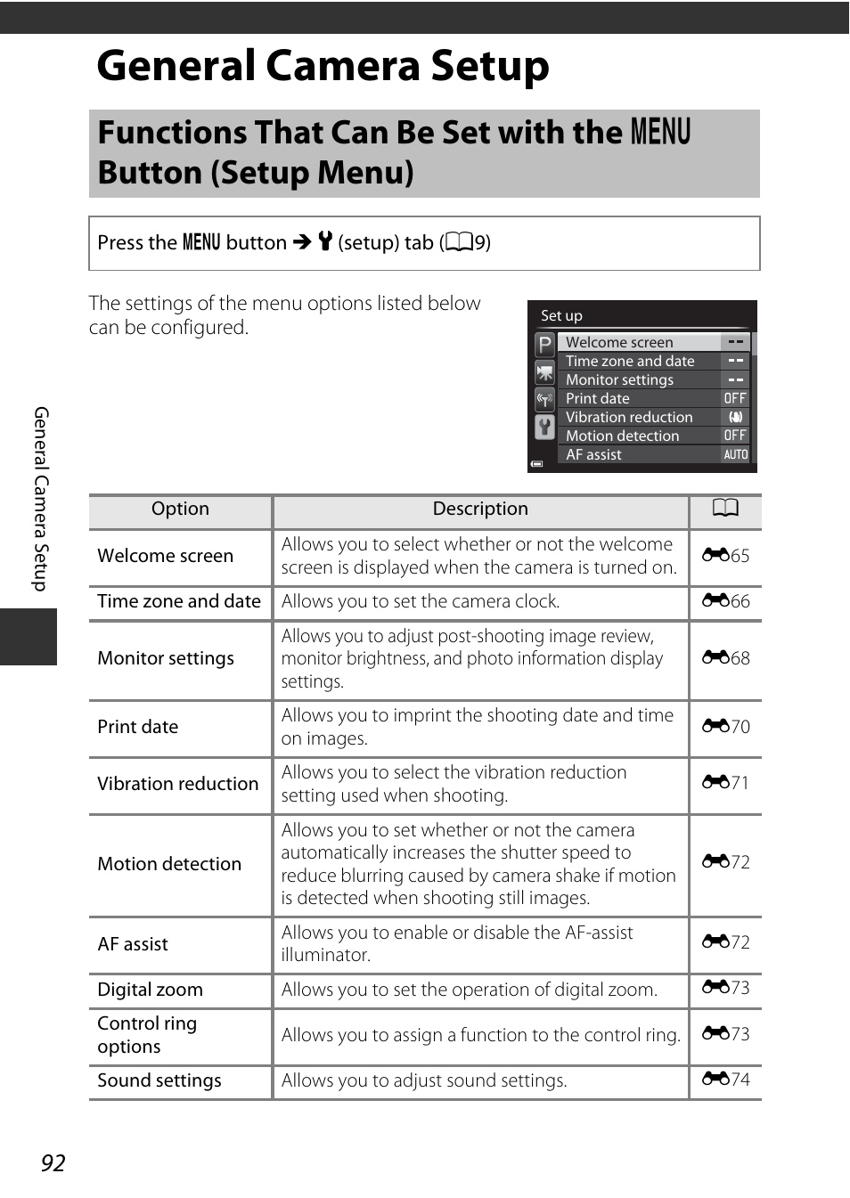 General camera setup, Functions that can be set with the, D button (setup menu) | A92), us, A92), A92) to, A92) i, Ction | Nikon P340 User Manual | Page 114 / 240