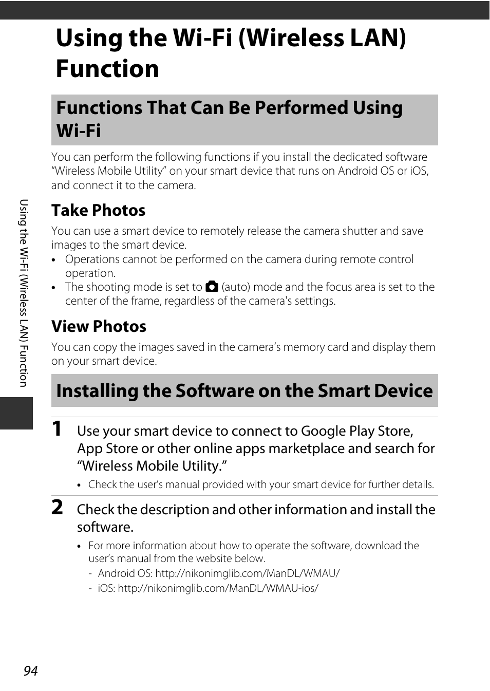 Using the wi-fi (wireless lan) function, Functions that can be performed using wi-fi, Take photos | View photos, Installing the software on the smart device, Take photos view photos | Nikon P340 User Manual | Page 116 / 240
