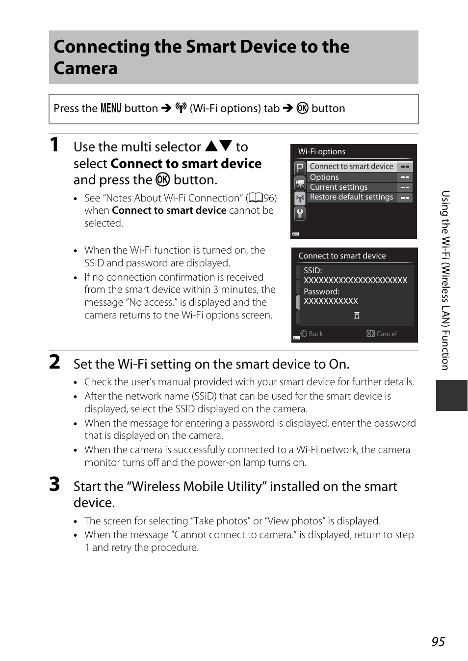 Connecting the smart device to the camera, Set the wi-fi setting on the smart device to on | Nikon P340 User Manual | Page 117 / 240