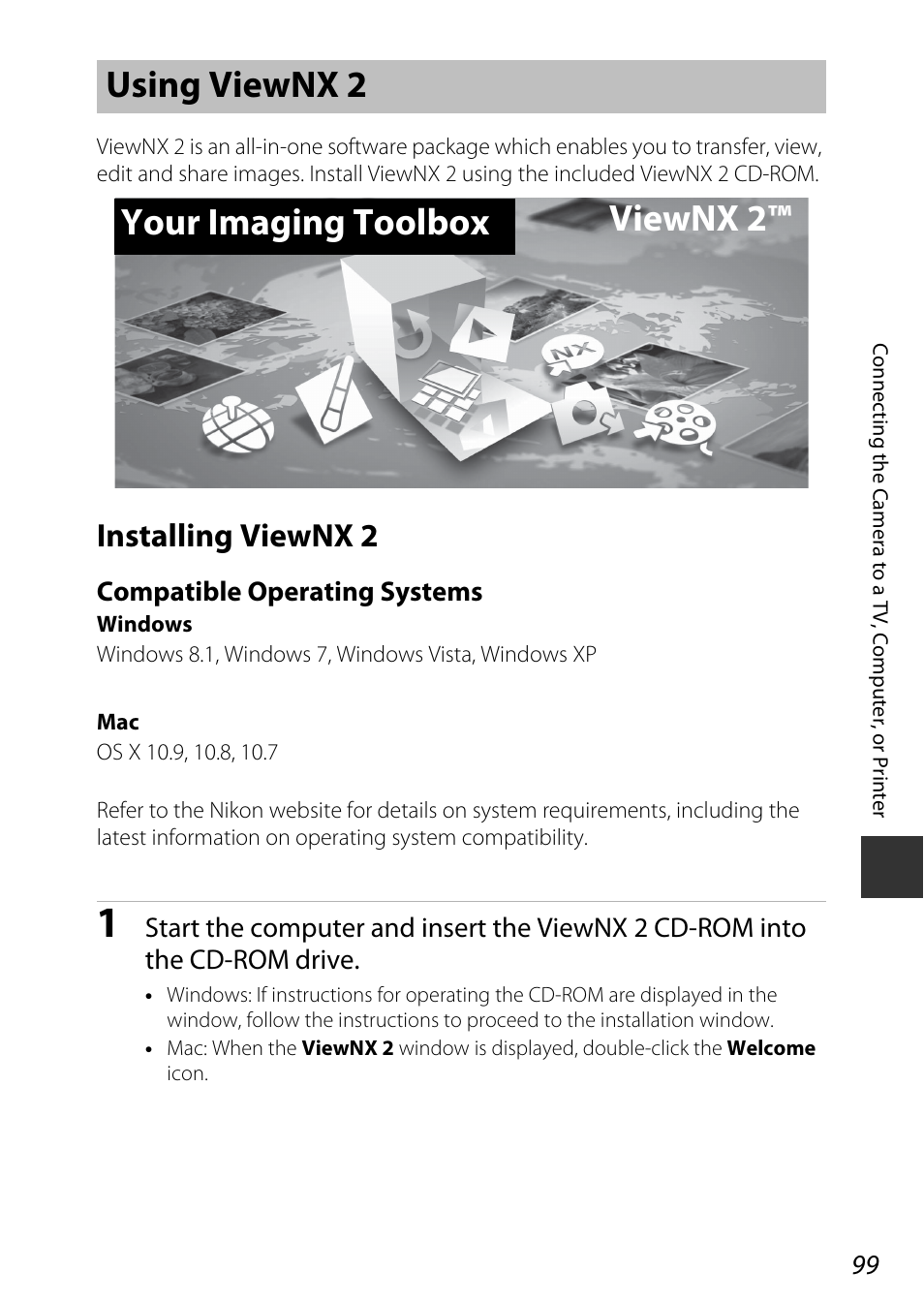 Using viewnx 2, Installing viewnx 2, A99) | Uter, Using viewnx 2 your imaging toolbox viewnx 2, Compatible operating systems | Nikon P340 User Manual | Page 121 / 240