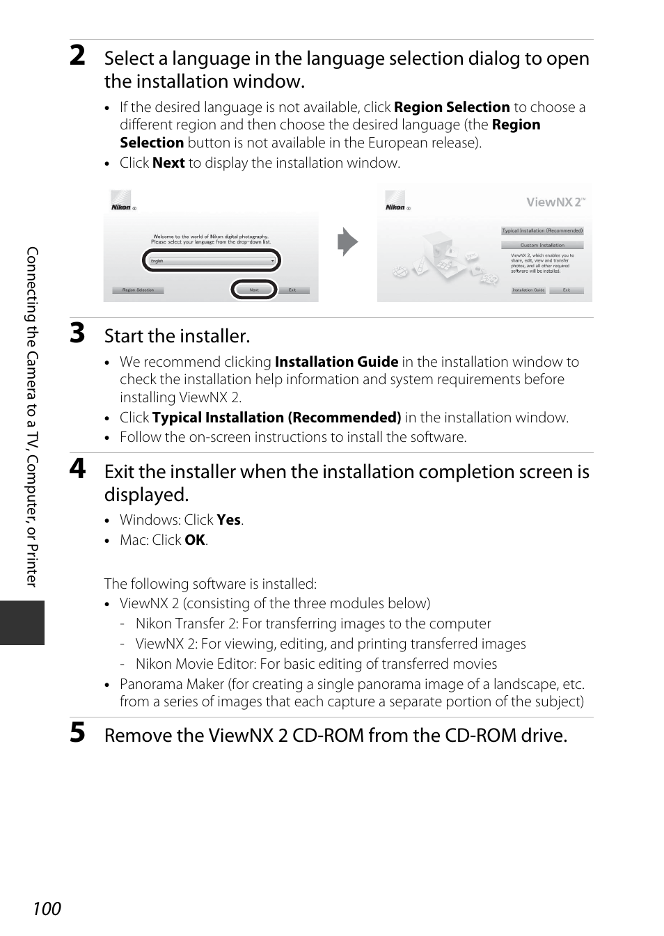 Start the installer, Remove the viewnx 2 cd-rom from the cd-rom drive | Nikon P340 User Manual | Page 122 / 240