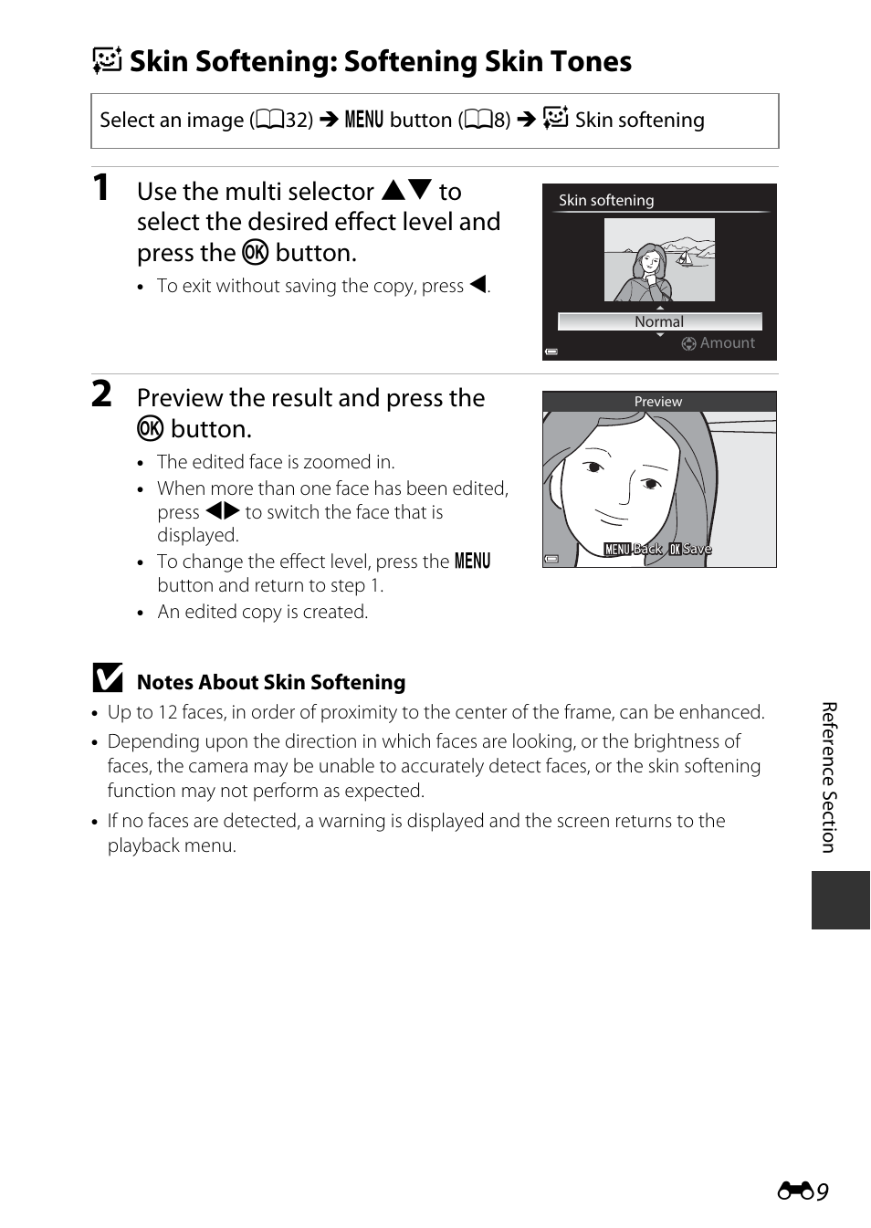 Skin softening: softening skin tones, E skin softening: softening skin tones, Preview the result and press the k button | Nikon P340 User Manual | Page 133 / 240