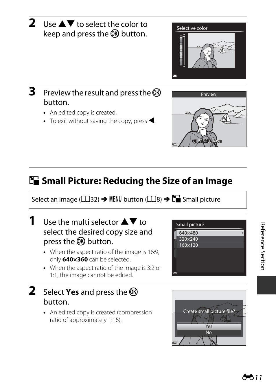 Small picture: reducing the size of an image, G small picture: reducing the size of an image, Preview the result and press the k button | Select yes and press the k button | Nikon P340 User Manual | Page 135 / 240