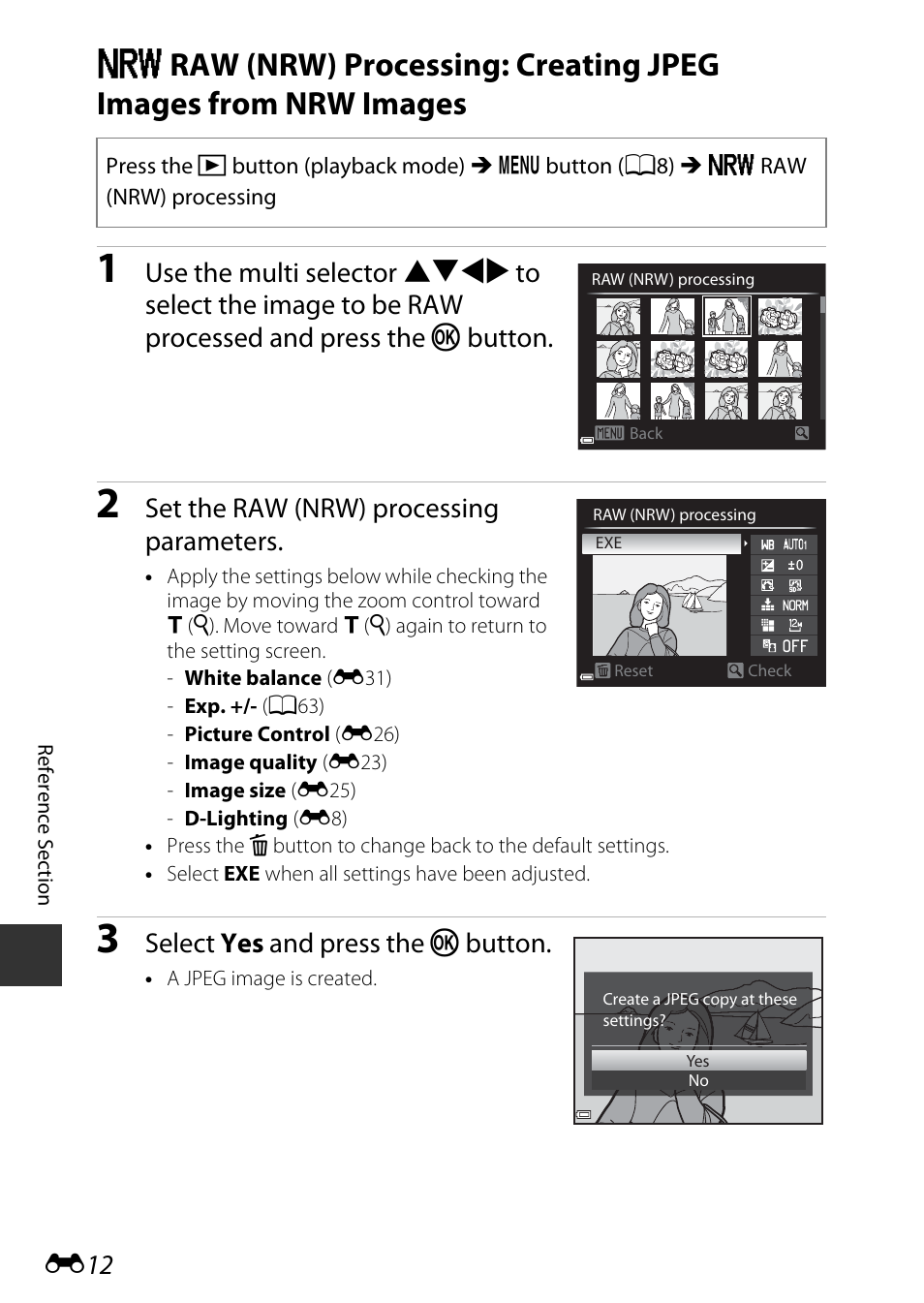 Set the raw (nrw) processing parameters, Select yes and press the k button | Nikon P340 User Manual | Page 136 / 240