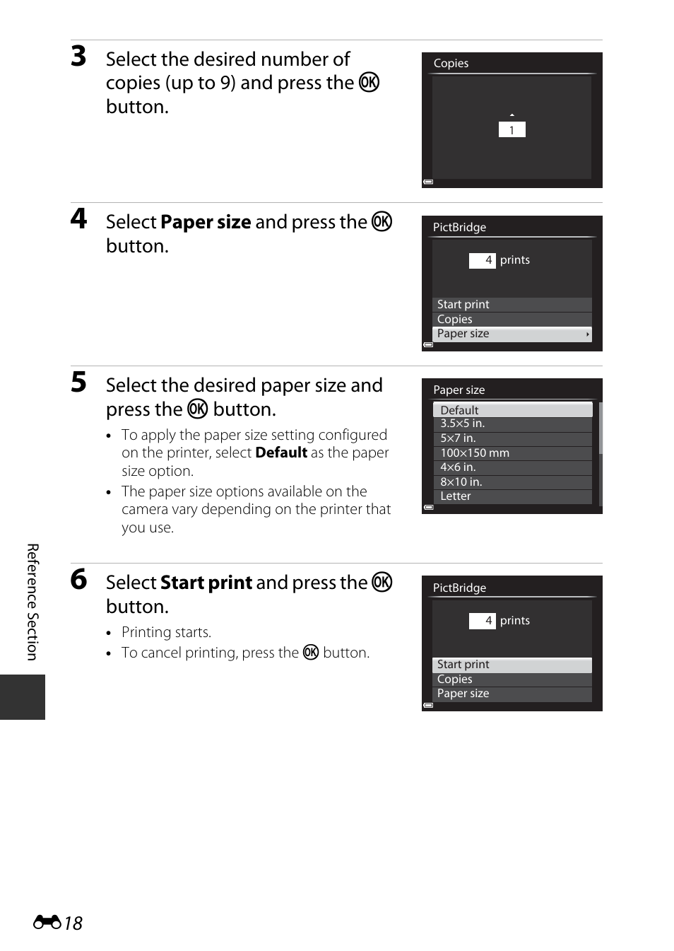 Select paper size and press the k button, Select start print and press the k button | Nikon P340 User Manual | Page 142 / 240