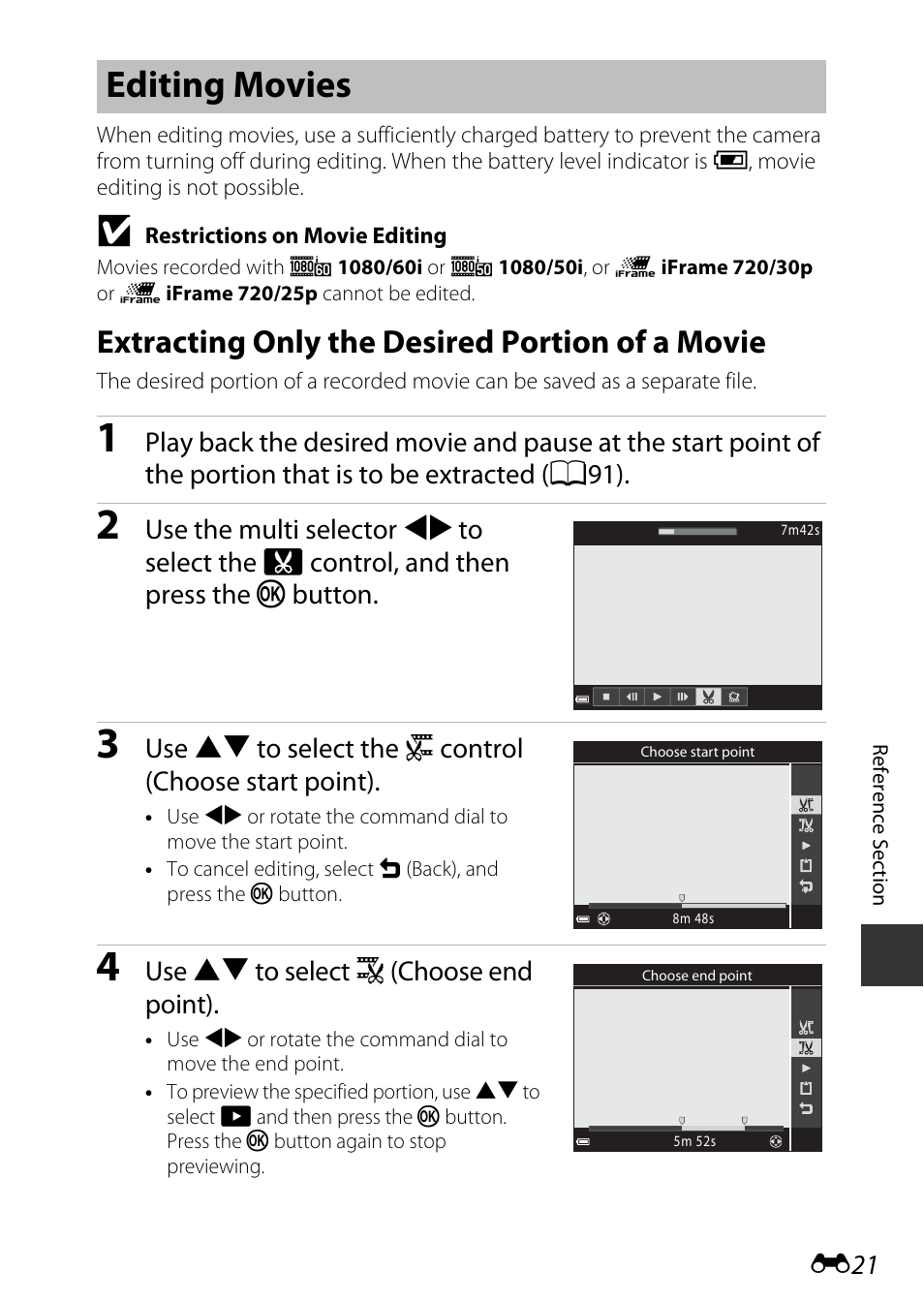 Editing movies, Extracting only the desired portion of a movie, Use hi to select k (choose end point) | Nikon P340 User Manual | Page 145 / 240