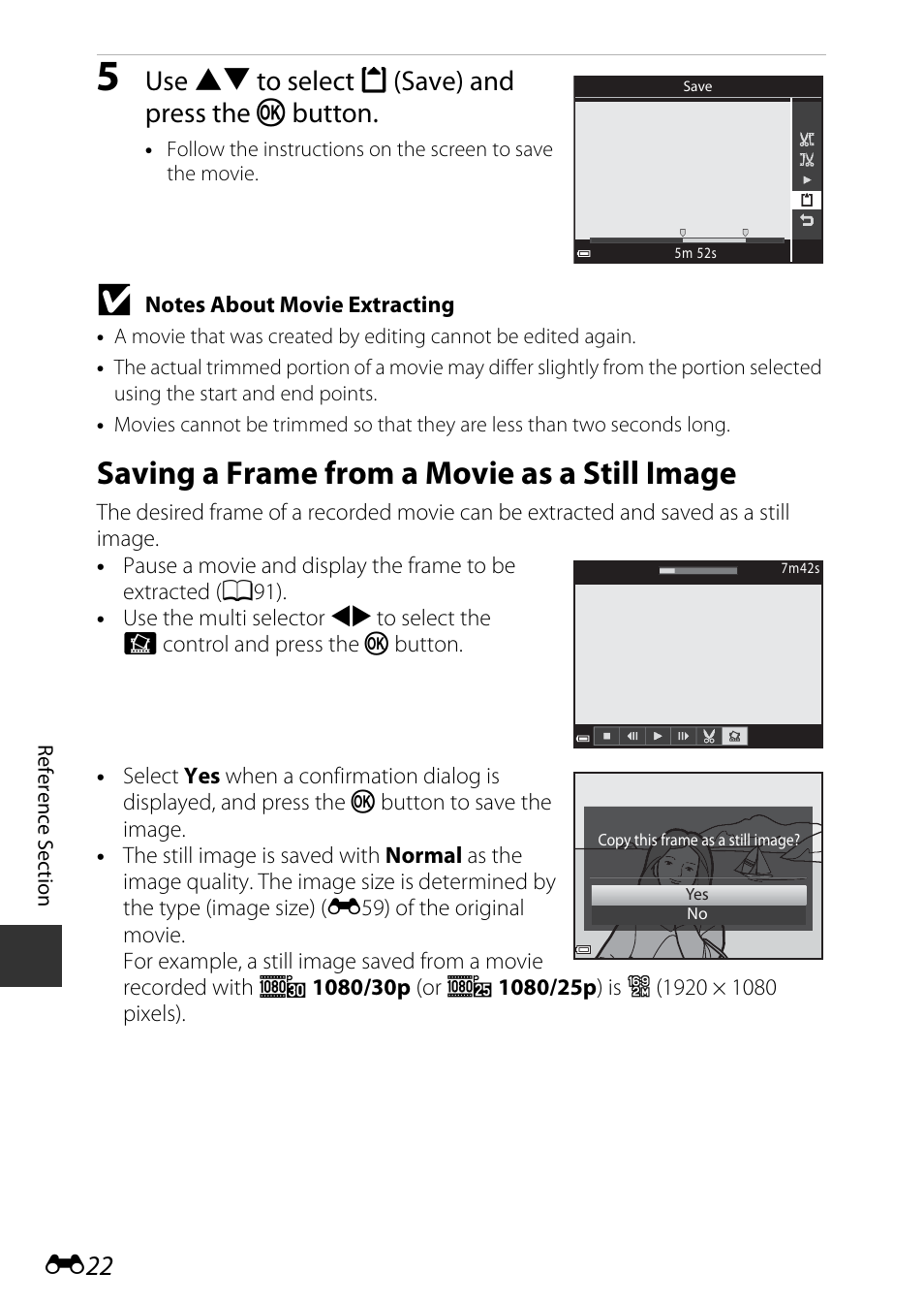 Saving a frame from a movie as a still image, Use hi to select m (save) and press the k button | Nikon P340 User Manual | Page 146 / 240