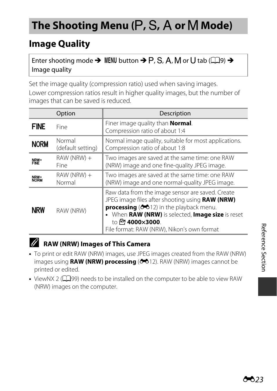 The shooting menu (p, s, a or m mode), Image quality, The shooting menu | E23), A, b, c or d mode), The shooting menu ( a , b , c or d mode) | Nikon P340 User Manual | Page 147 / 240