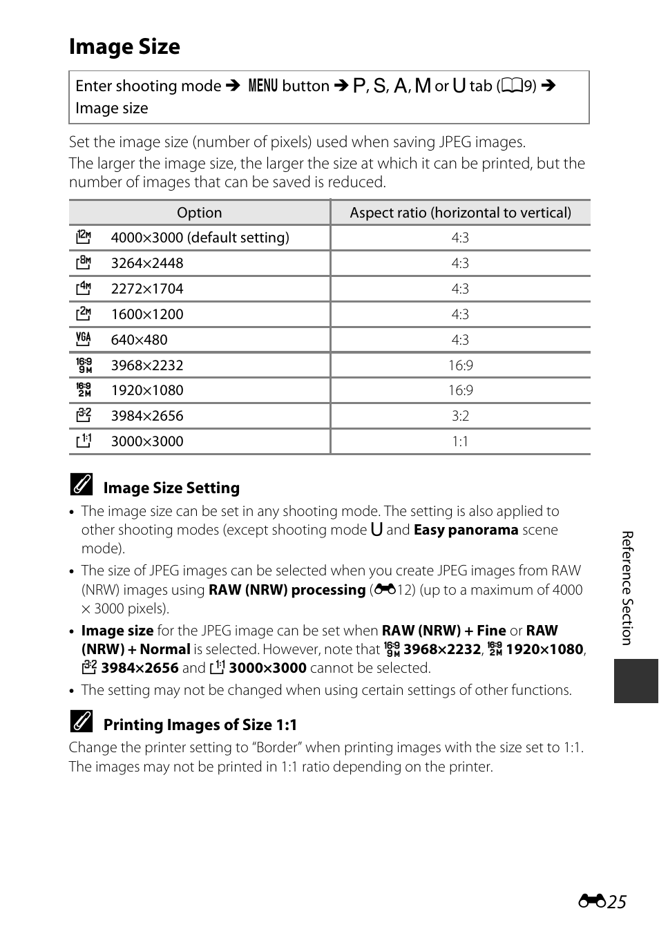Image size, E25), Printing images of size 1:1 | Nikon P340 User Manual | Page 149 / 240