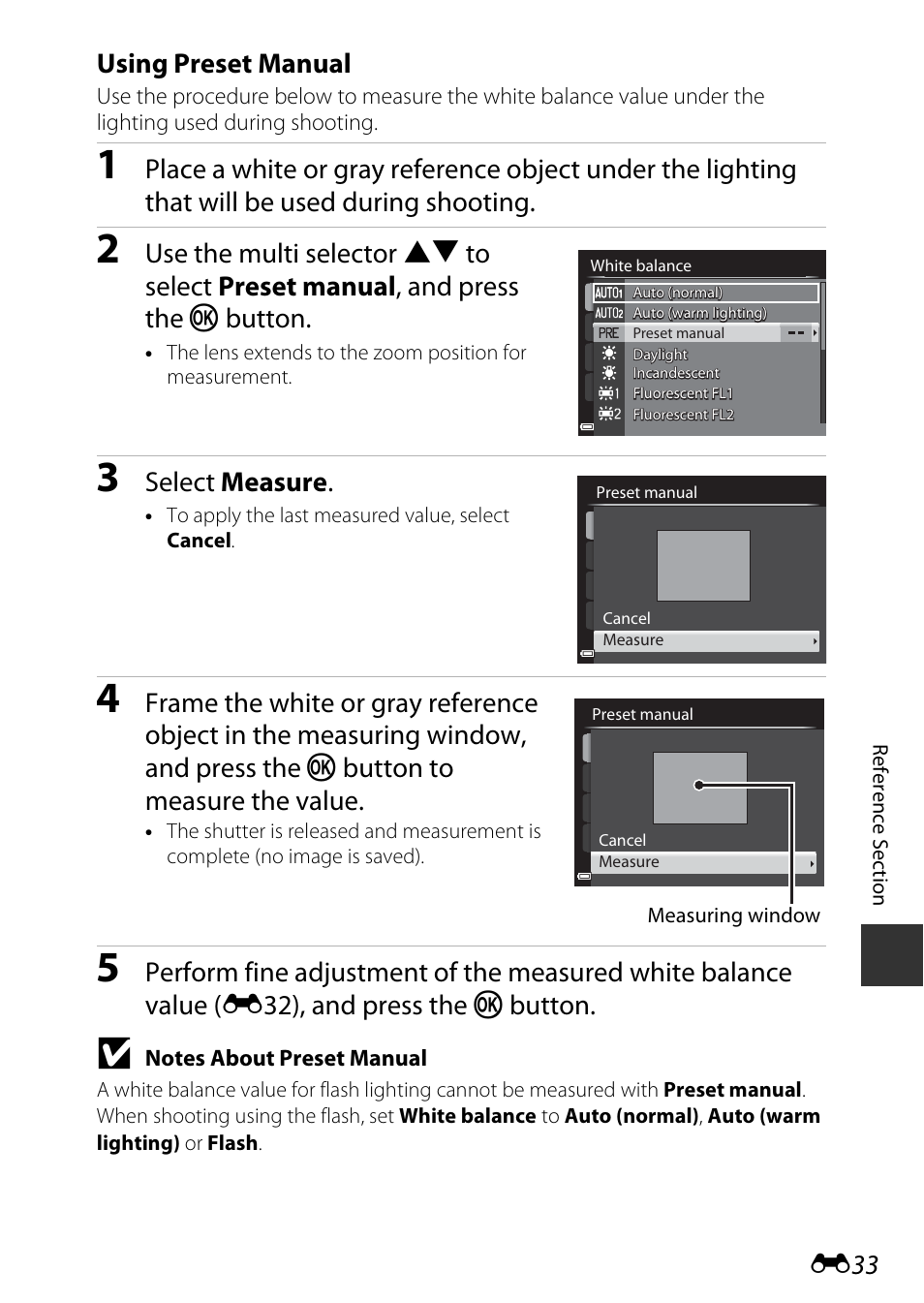 E33), Using preset manual, Select measure | Nikon P340 User Manual | Page 157 / 240