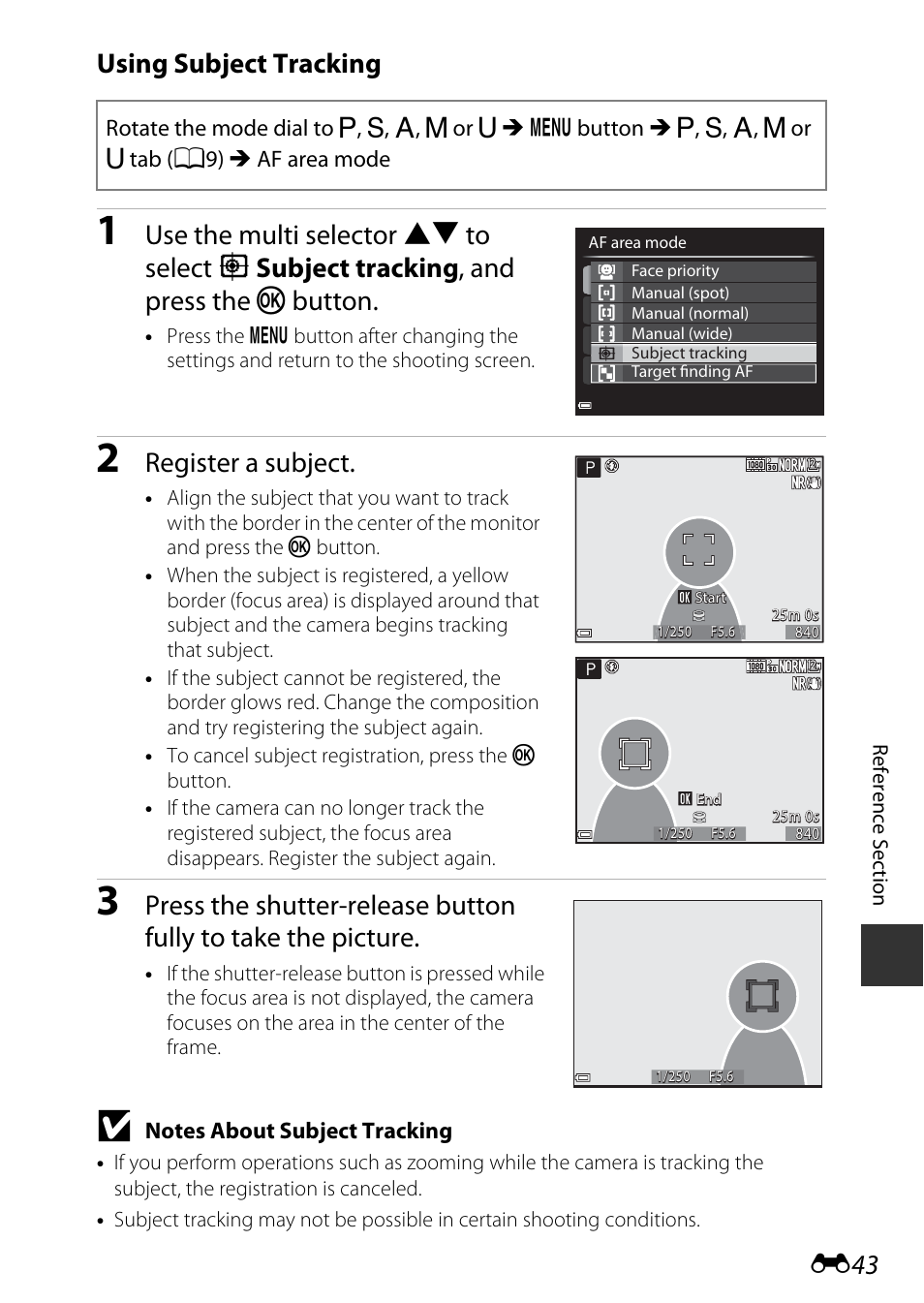 See “using subject tracking, E43), Using subject tracking | Register a subject | Nikon P340 User Manual | Page 167 / 240