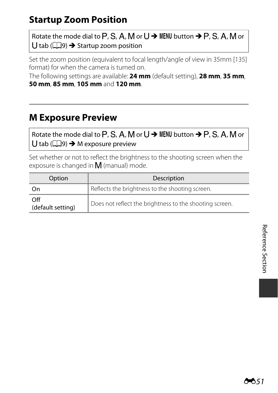 Startup zoom position, M exposure preview | Nikon P340 User Manual | Page 175 / 240