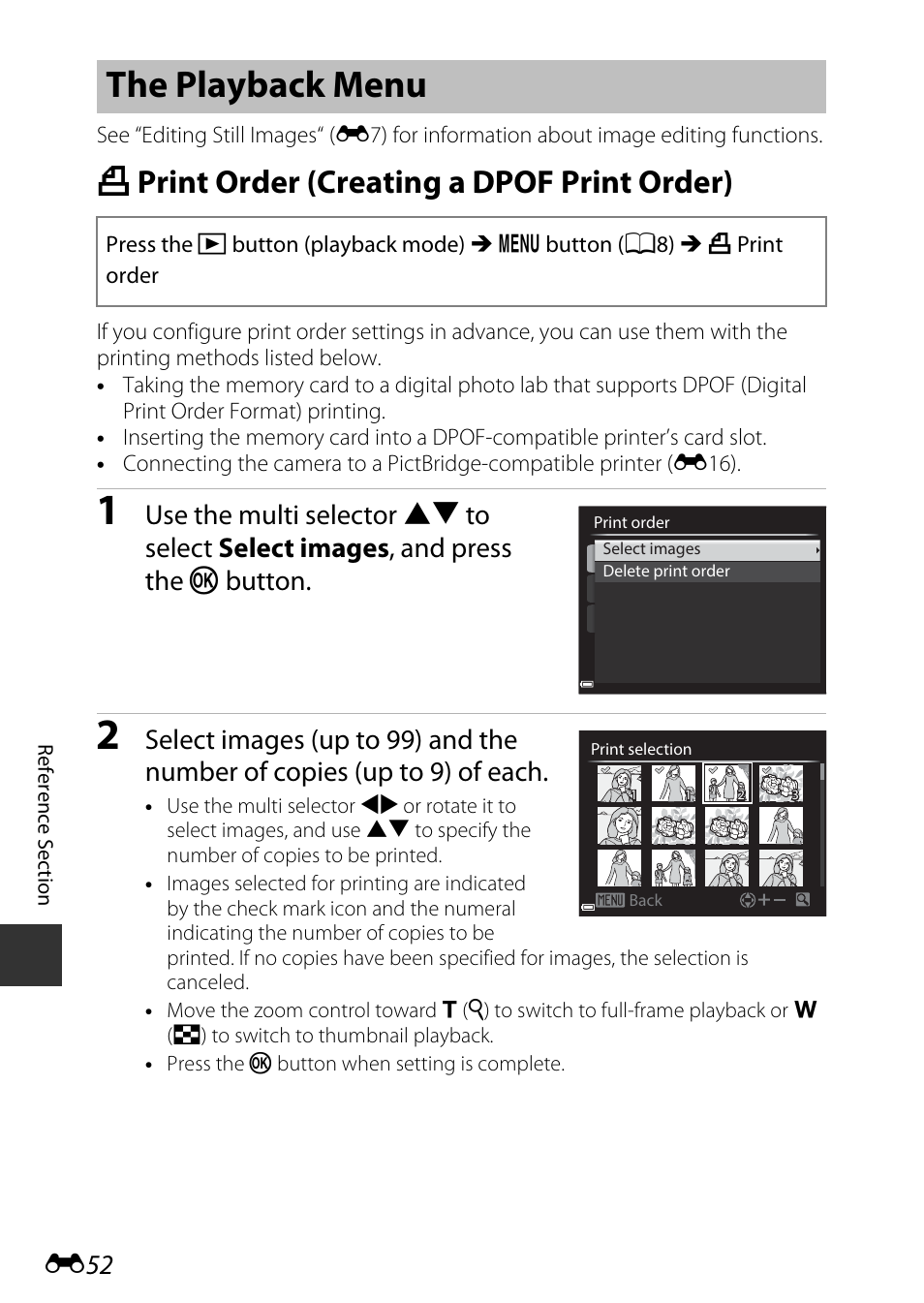 The playback menu, Print order (creating a dpof print order), A print order (creating a dpof print order) | Nikon P340 User Manual | Page 176 / 240