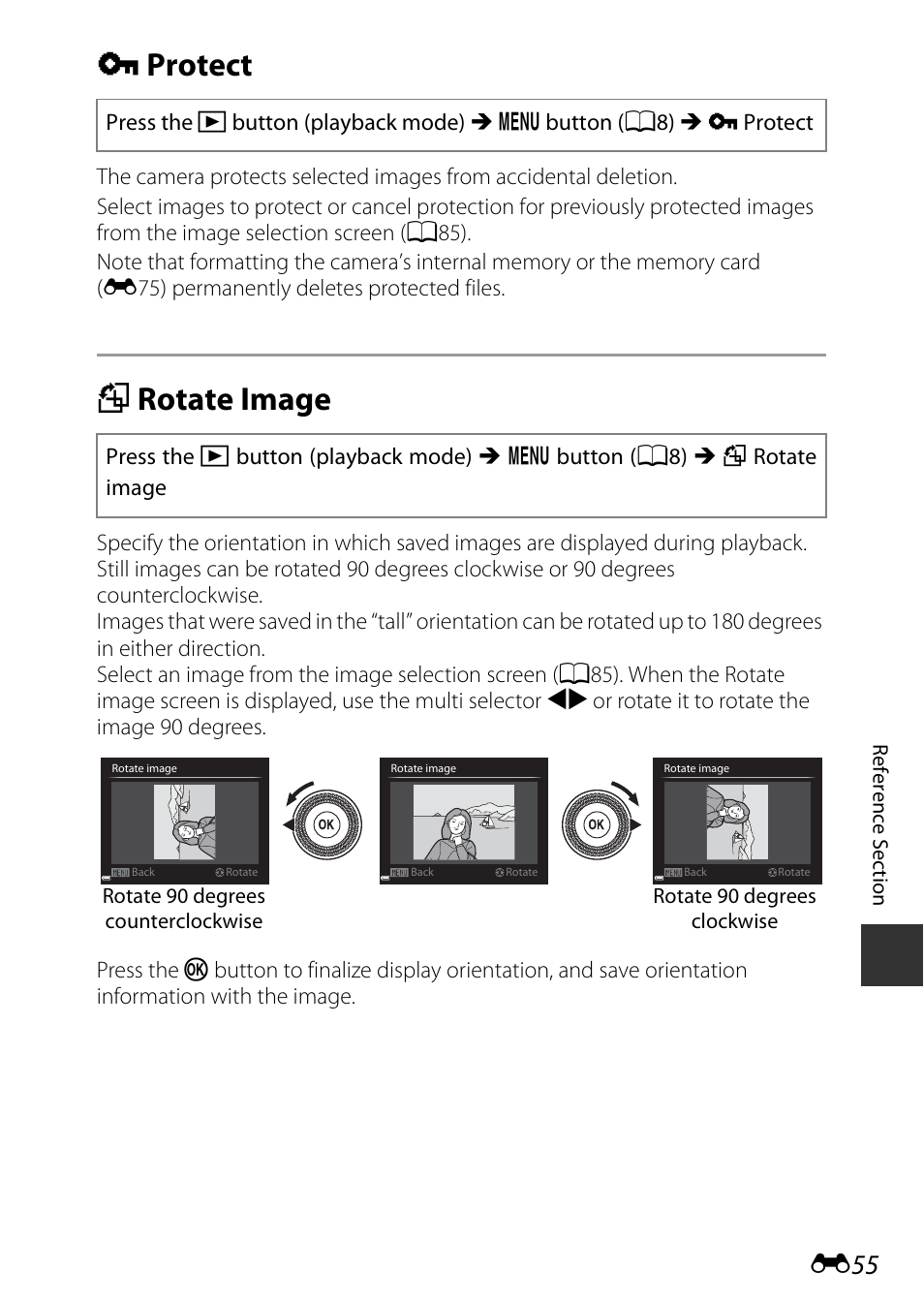 Protect, Rotate image, D protect | F rotate image, E55) | Nikon P340 User Manual | Page 179 / 240