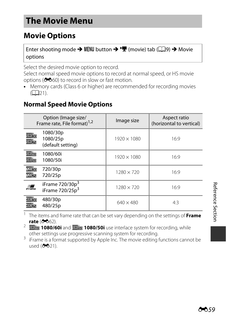 The movie menu, Movie options, E59) | E59) of, Normal speed movie options | Nikon P340 User Manual | Page 183 / 240