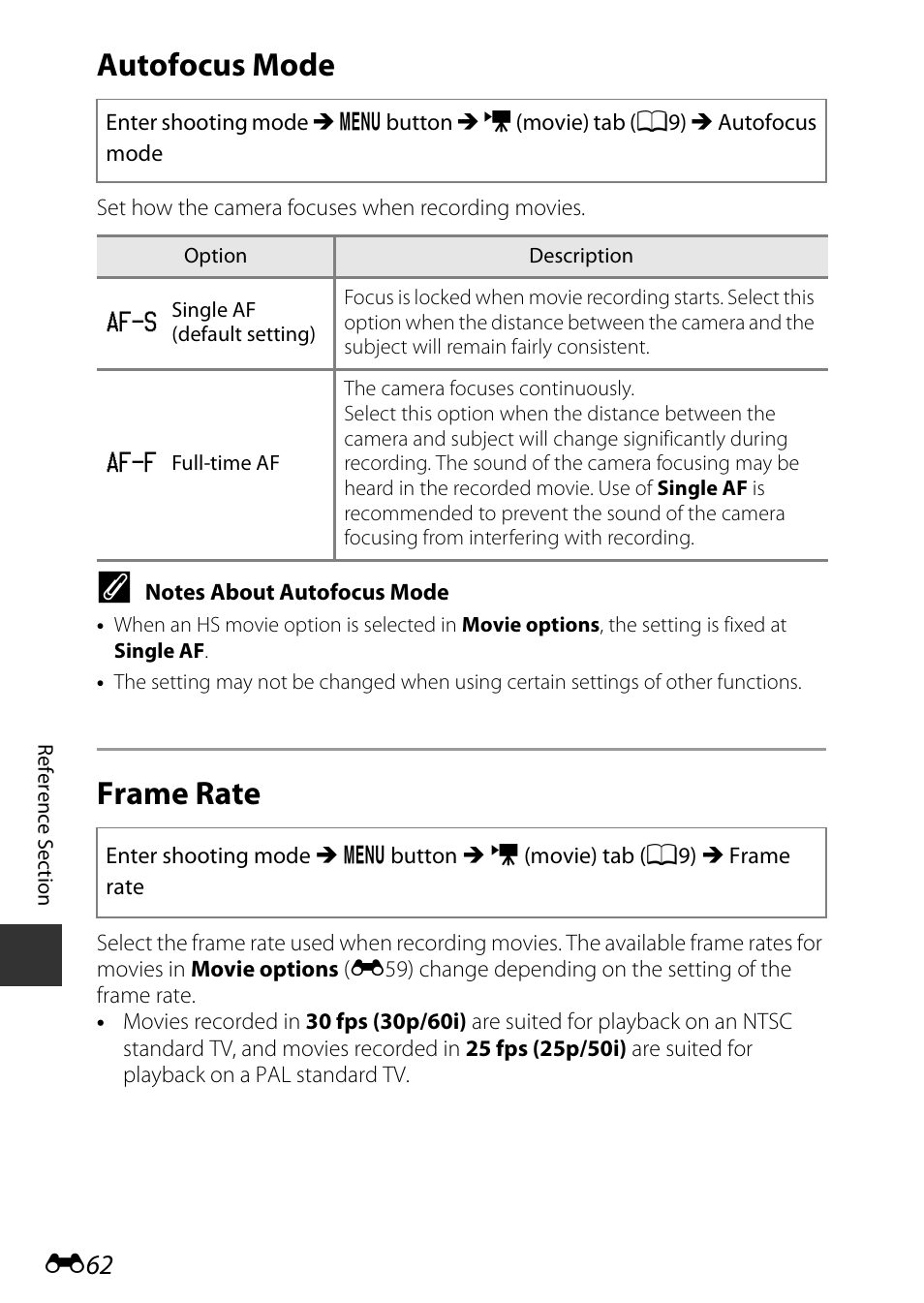 Autofocus mode, Frame rate, E62) | Nikon P340 User Manual | Page 186 / 240