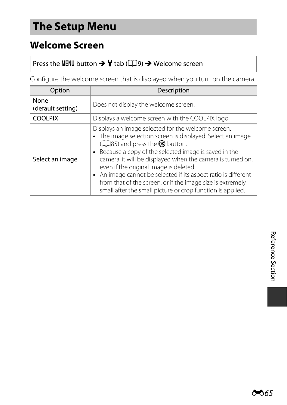 The setup menu, Welcome screen | Nikon P340 User Manual | Page 189 / 240