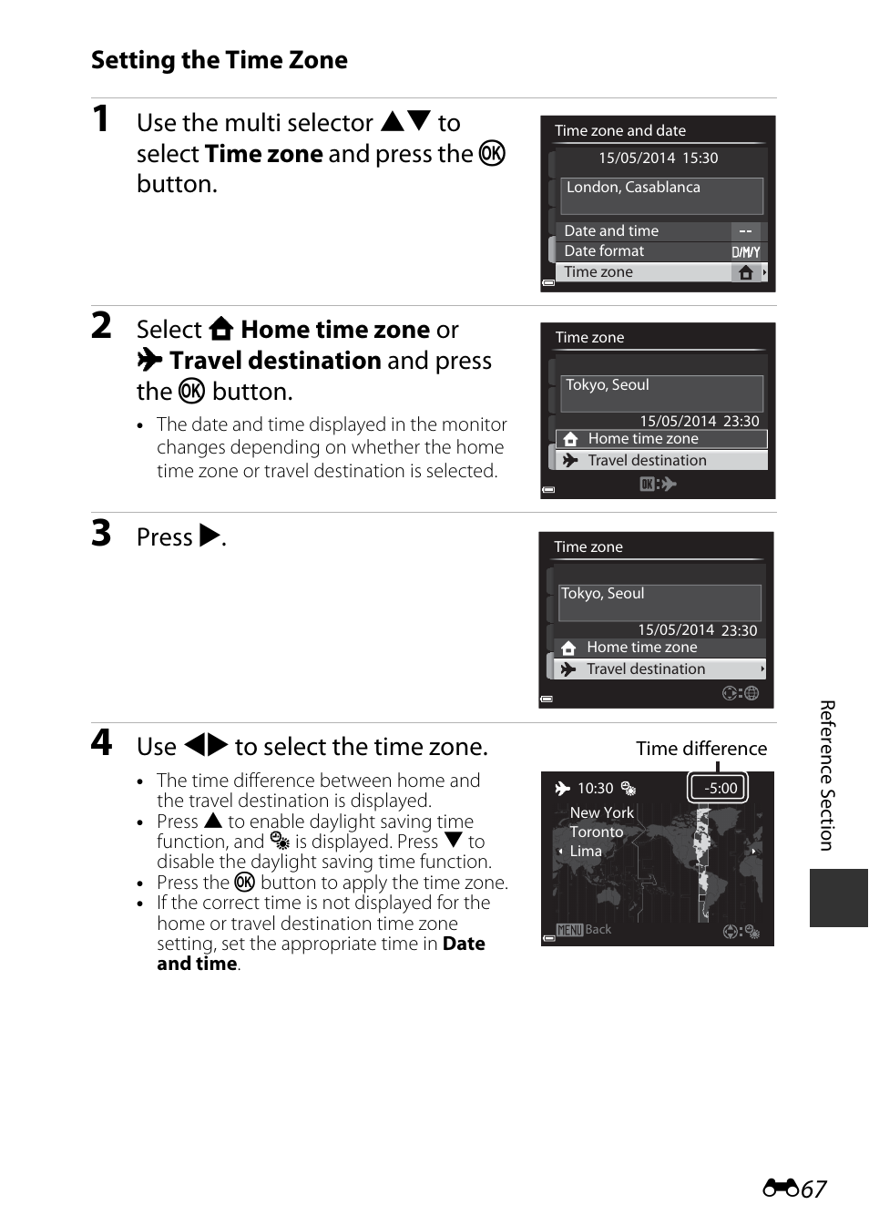 Setting the time zone, Press k, Use jk to select the time zone | Nikon P340 User Manual | Page 191 / 240