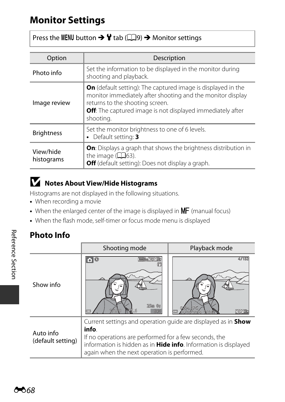 Monitor settings, Photo info | Nikon P340 User Manual | Page 192 / 240