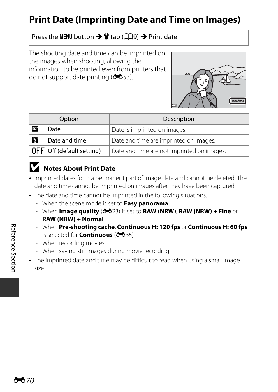 Print date (imprinting date and time on images), E70) | Nikon P340 User Manual | Page 194 / 240
