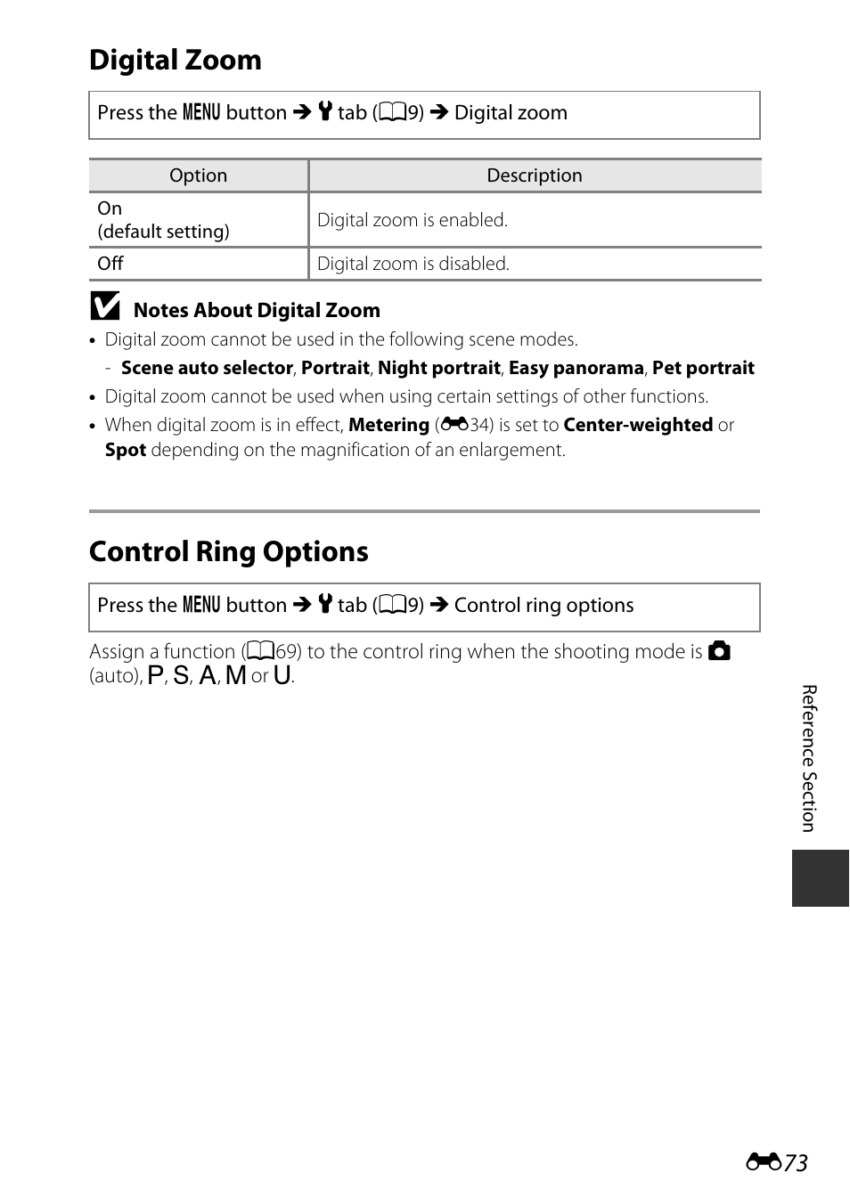 Digital zoom, Control ring options, E73) | Nikon P340 User Manual | Page 197 / 240