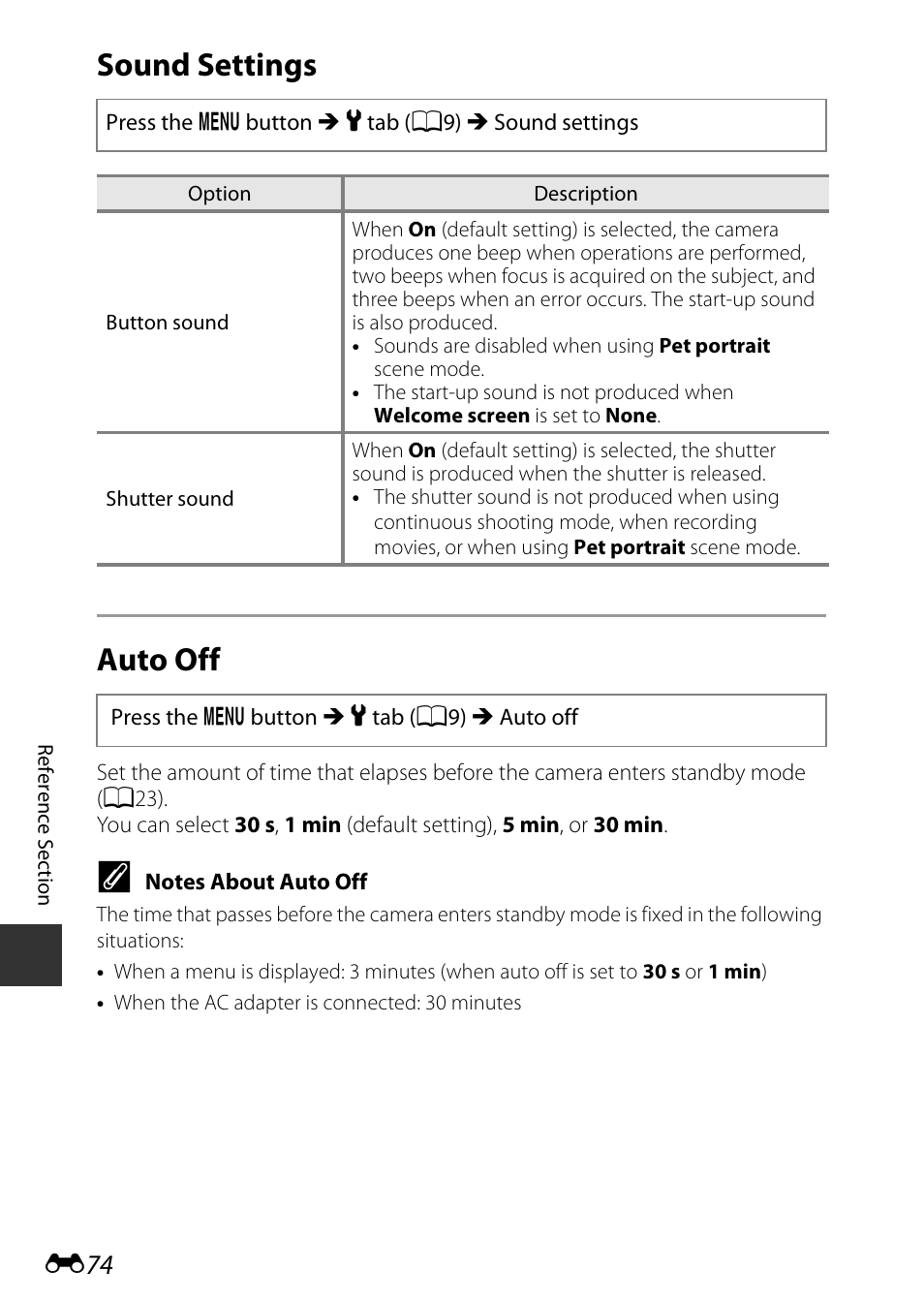 Sound settings, Auto off, Sound settings auto off | Nikon P340 User Manual | Page 198 / 240