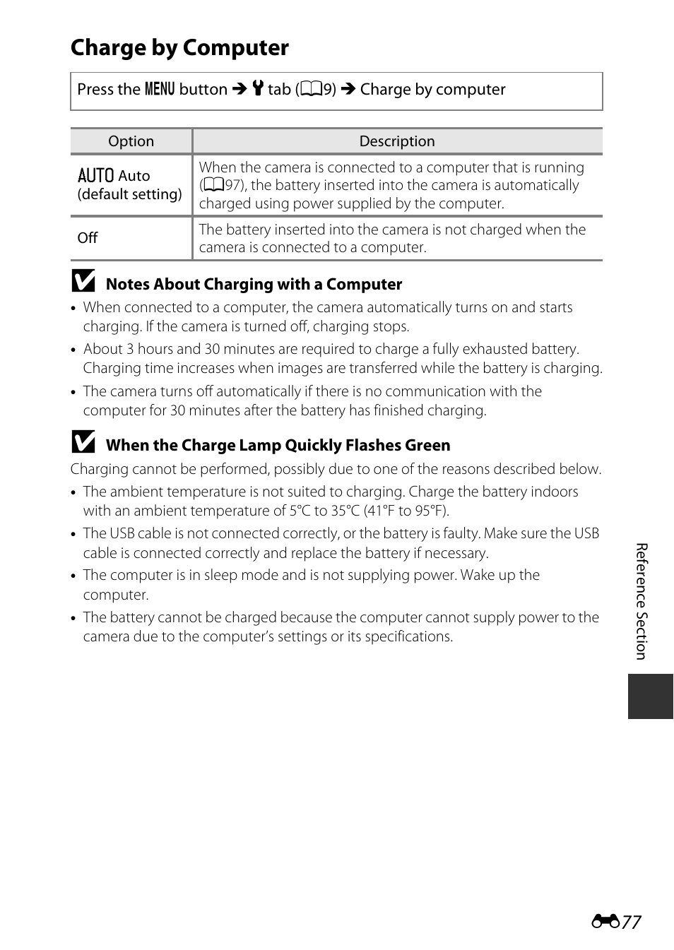 Charge by computer, E77) | Nikon P340 User Manual | Page 201 / 240