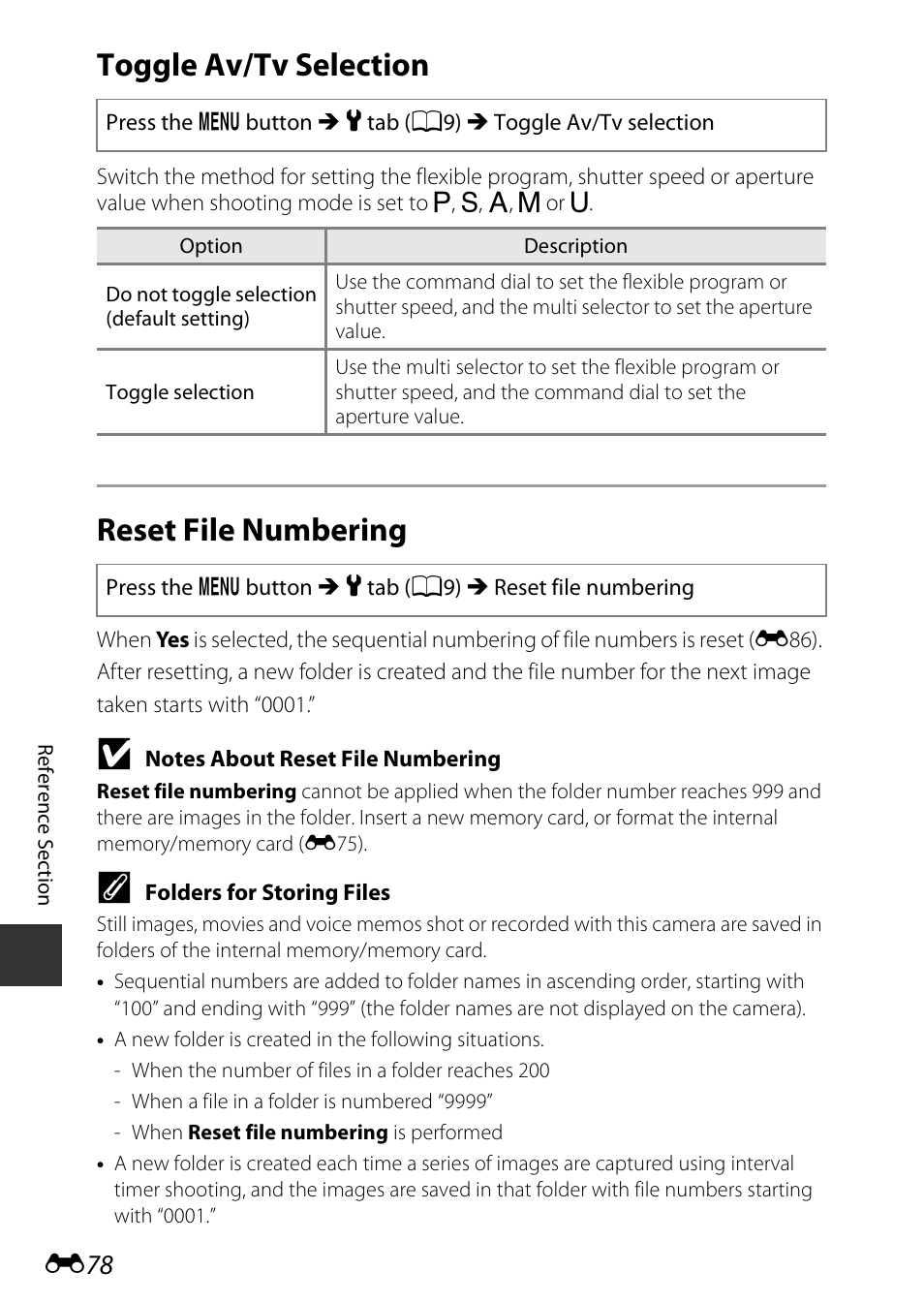 Toggle av/tv selection, Reset file numbering | Nikon P340 User Manual | Page 202 / 240